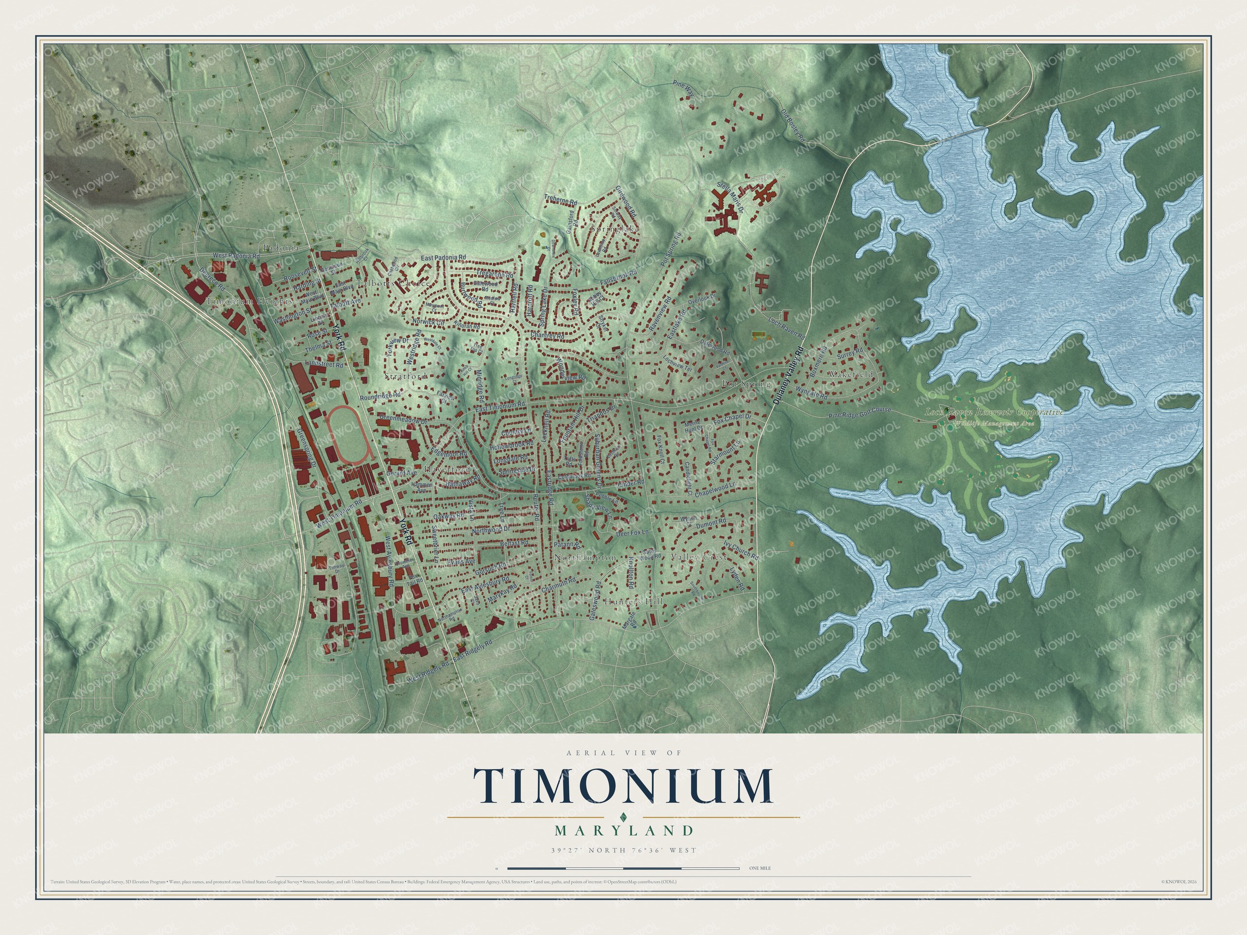Full map of Timonium, Maryland, with red buildings, printed street names and the land around them
