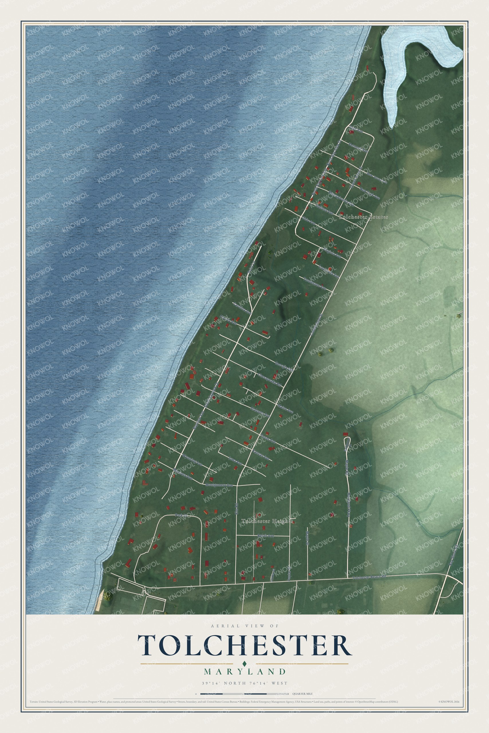 Full map of Tolchester, Maryland, with red buildings, printed street names and the land around them