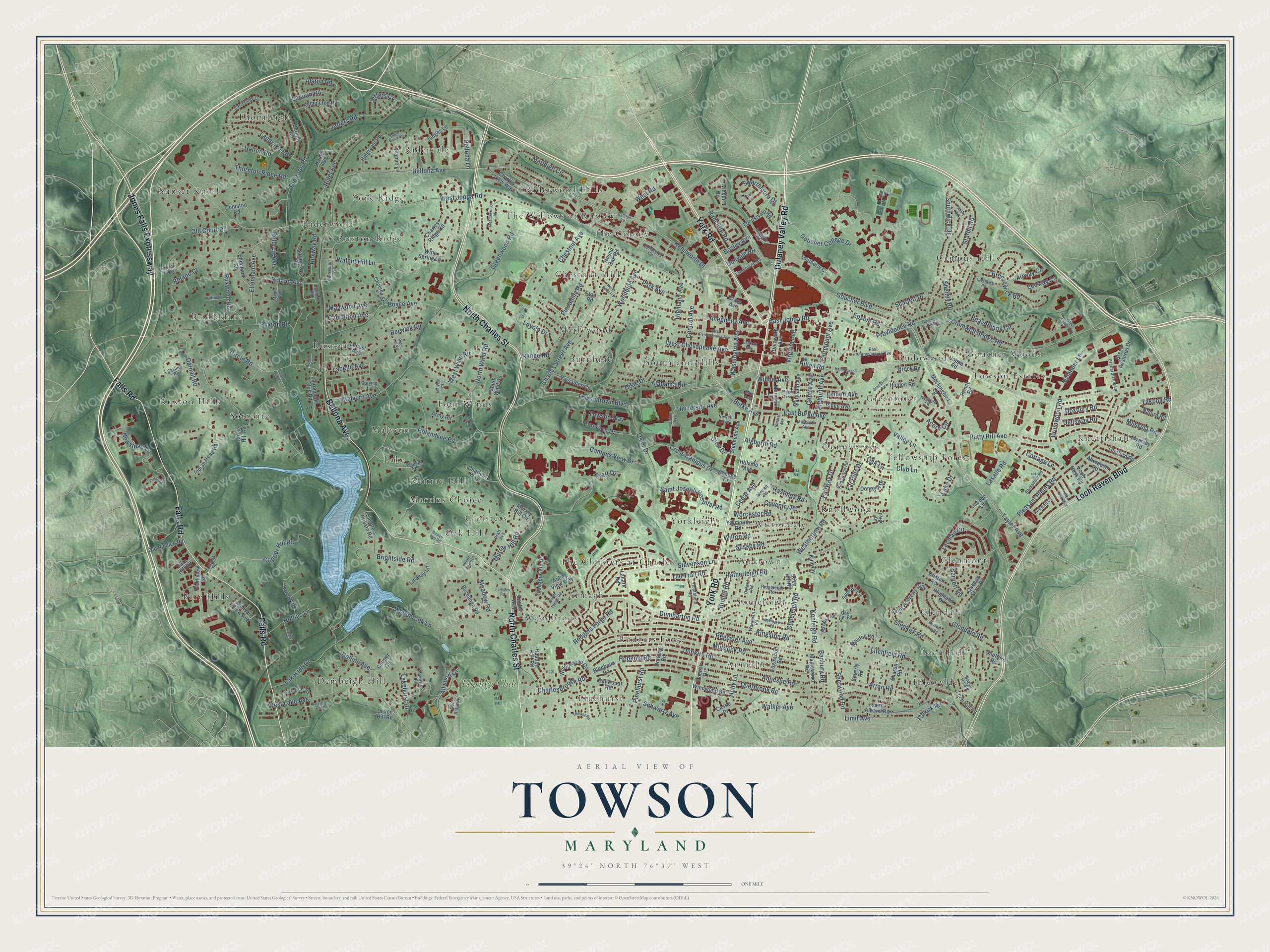 Full map of Towson, Maryland, with red buildings, printed street names and the land around them