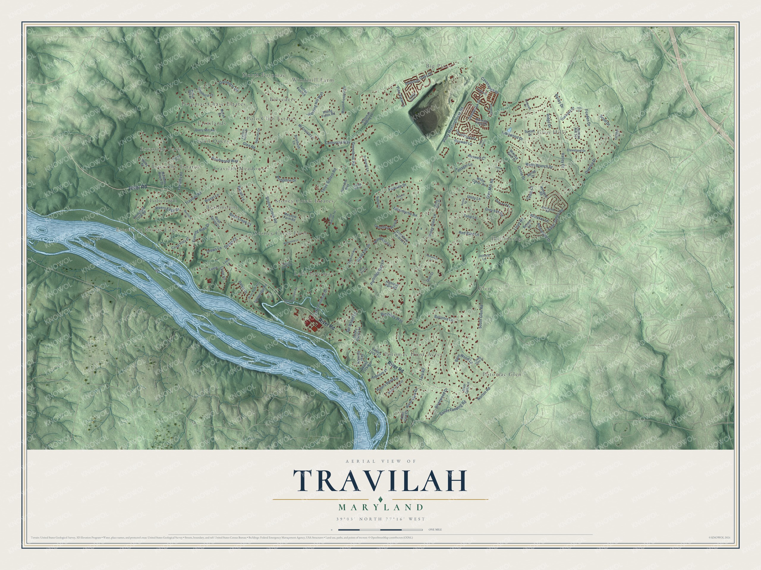 Full map of Travilah, Maryland, with red buildings, printed street names and the land around them