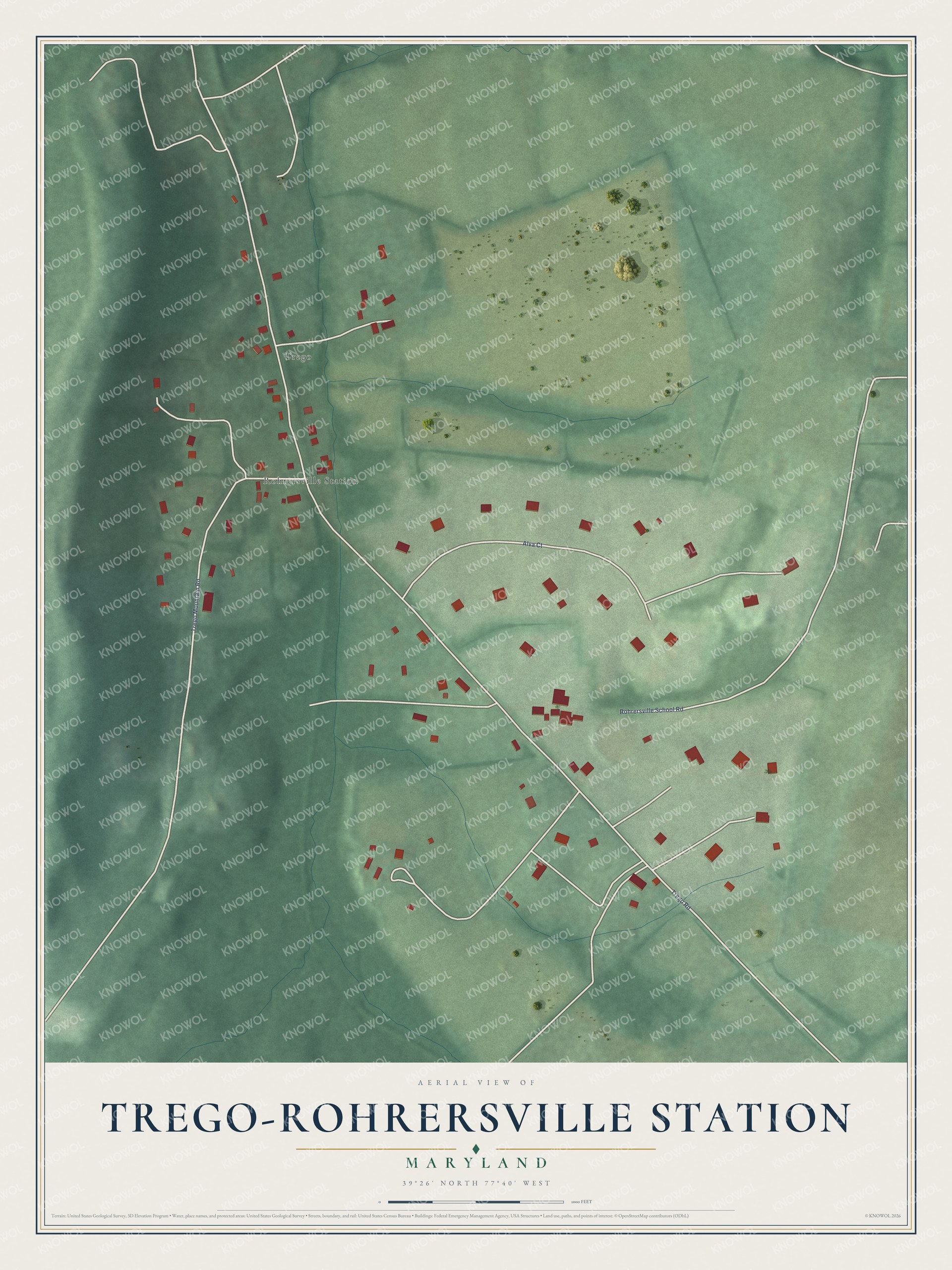 Full map of Trego-Rohrersville Station, Maryland, with red buildings, printed street names and the land around them