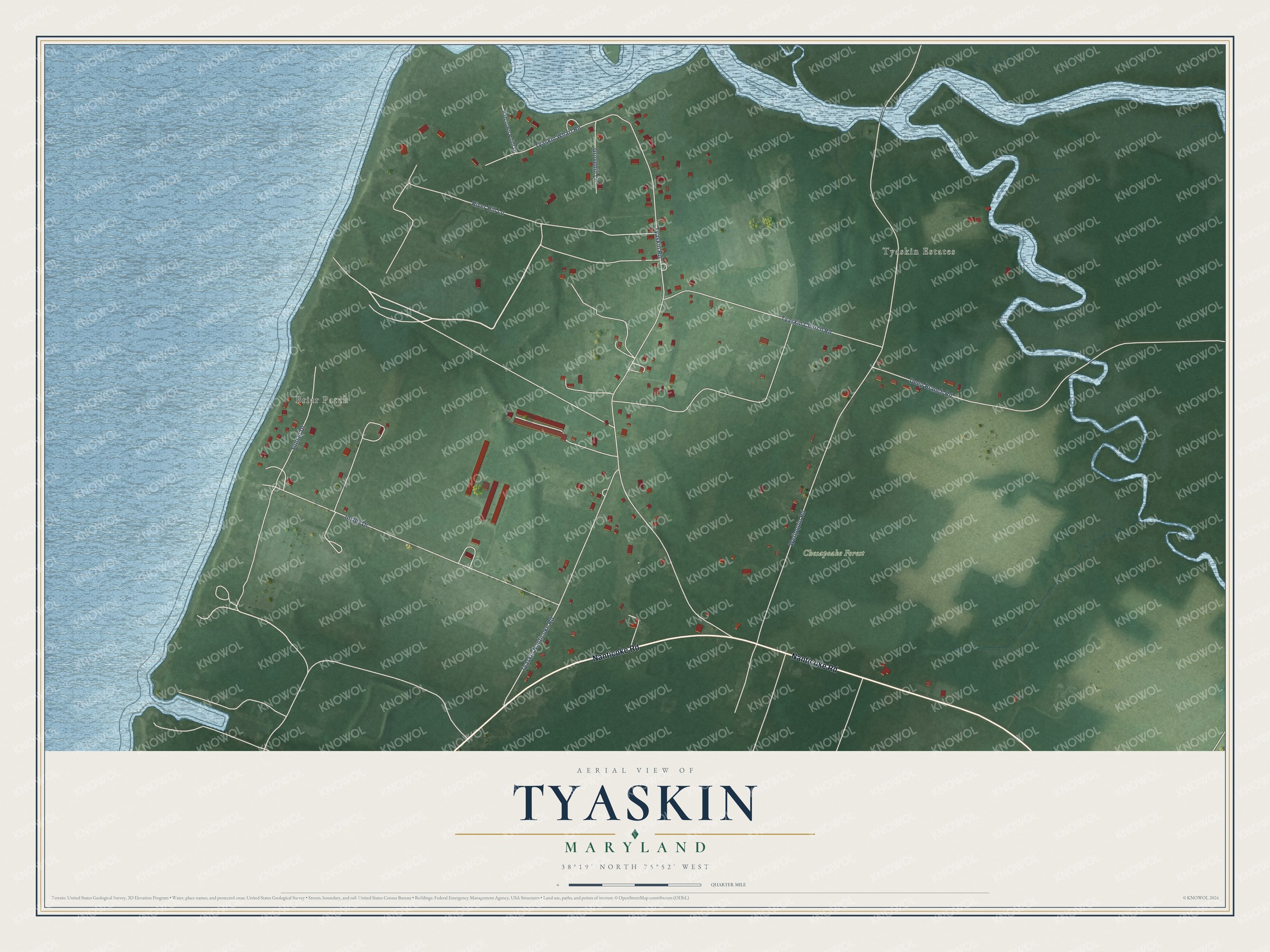 Full map of Tyaskin, Maryland, with red buildings, printed street names and the land around them