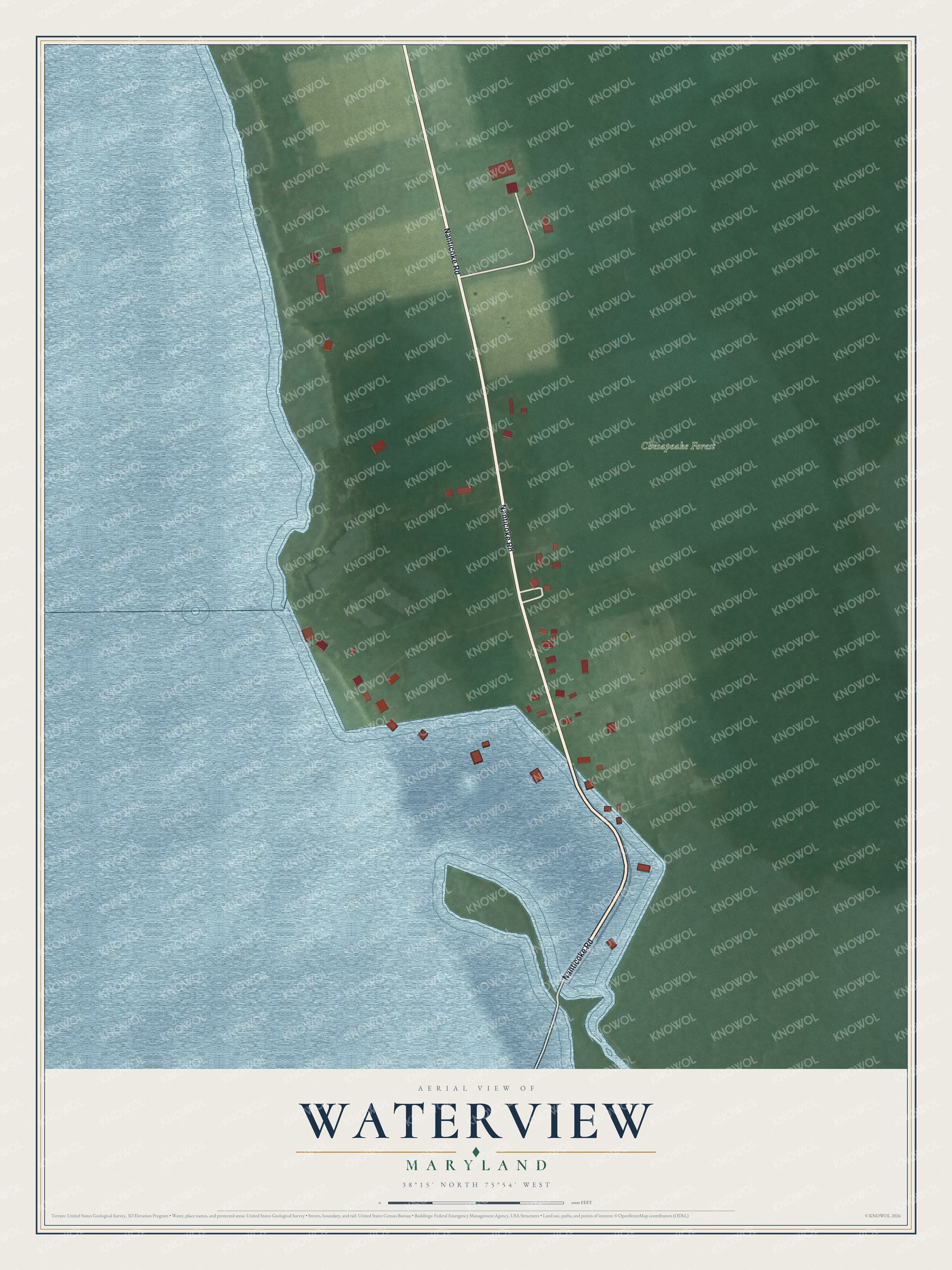 Full map of Waterview, Maryland, with red buildings, printed street names and the land around them