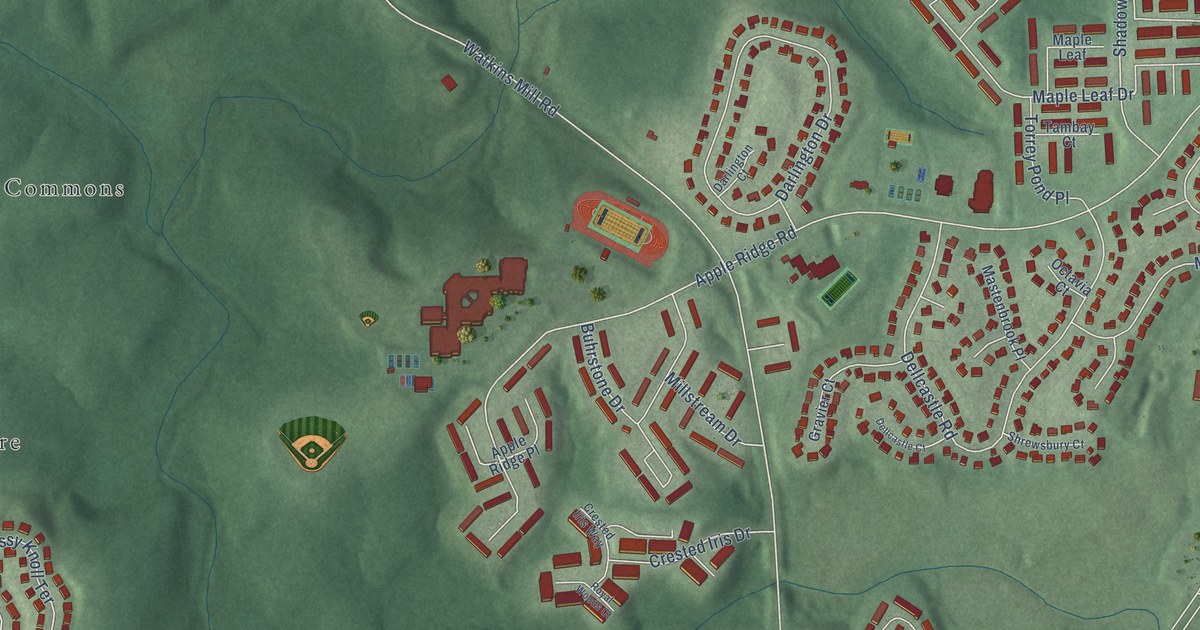 Close-up of streets and buildings in Watkins Mill, Maryland
