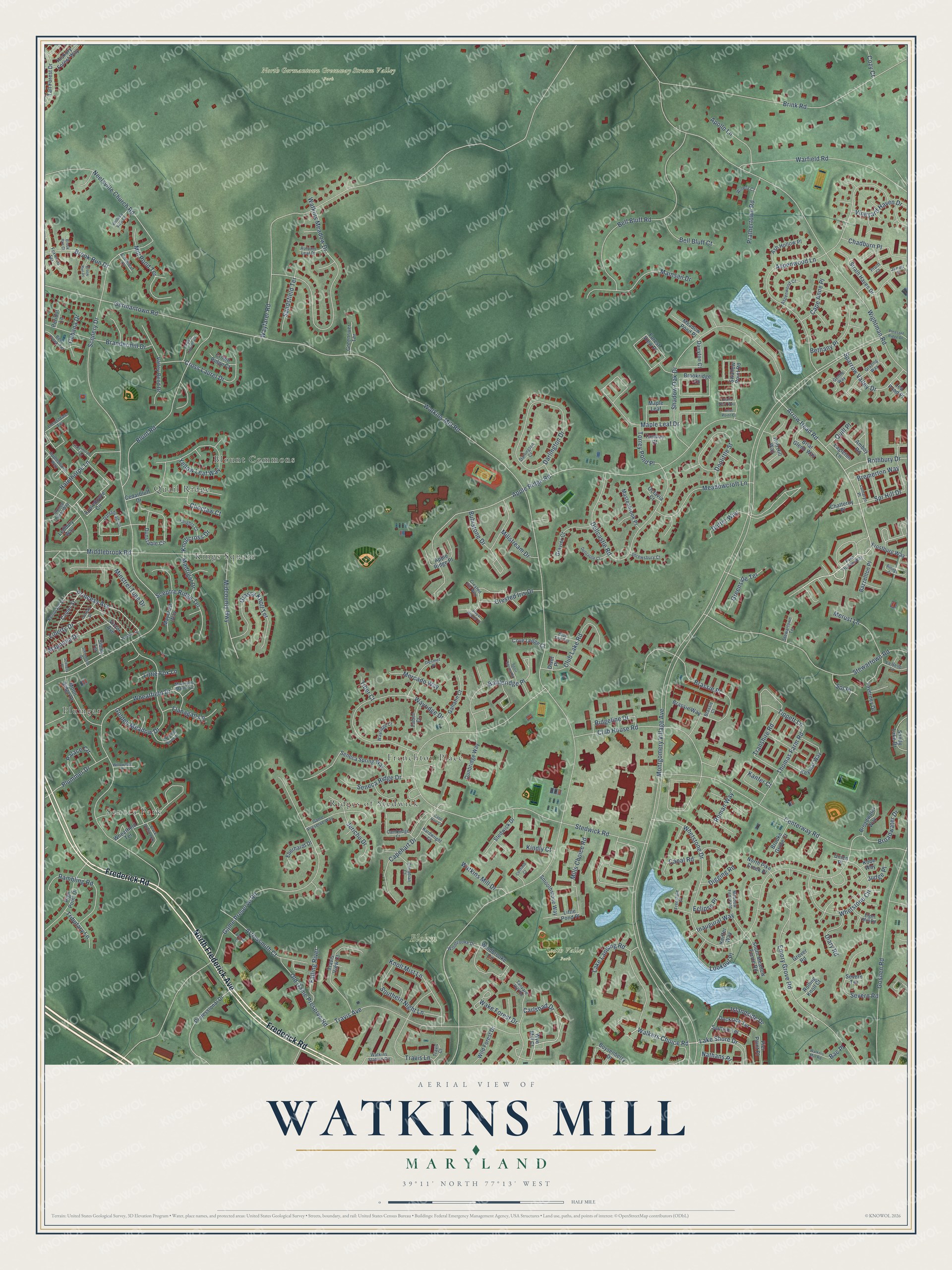 Full map of Watkins Mill, Maryland, with red buildings, printed street names and the land around them