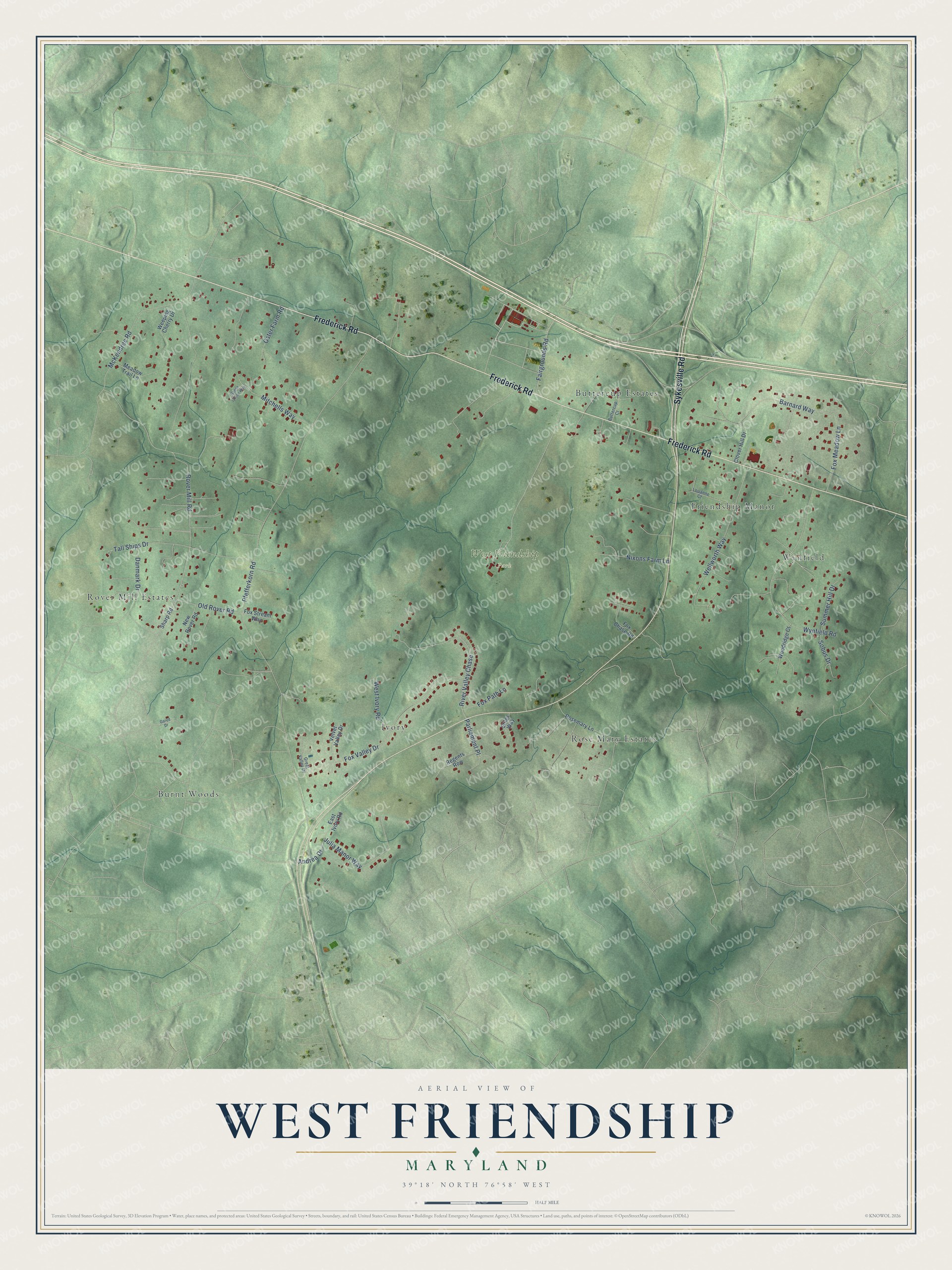 Full map of West Friendship, Maryland, with red buildings, printed street names and the land around them