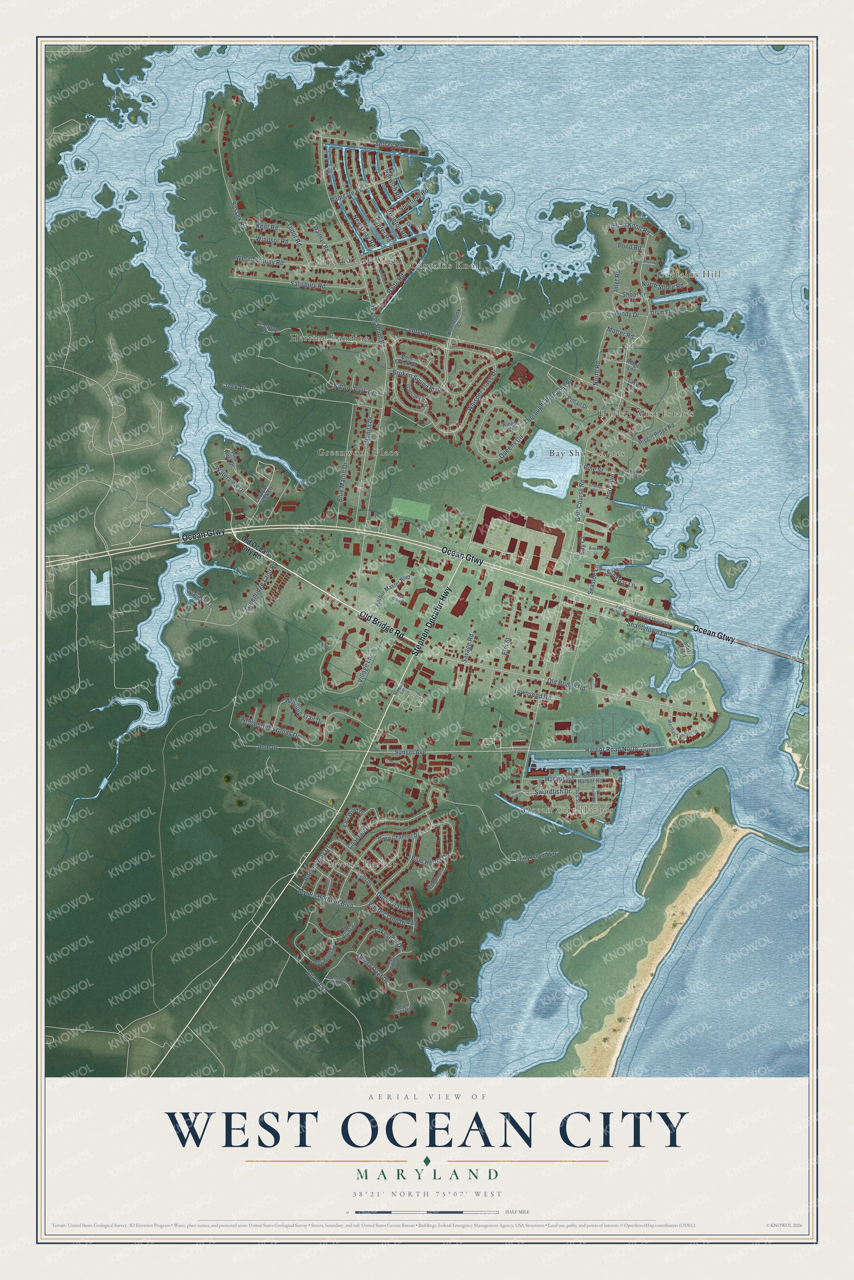 Full map of West Ocean City, Maryland, with red buildings, printed street names and the land around them