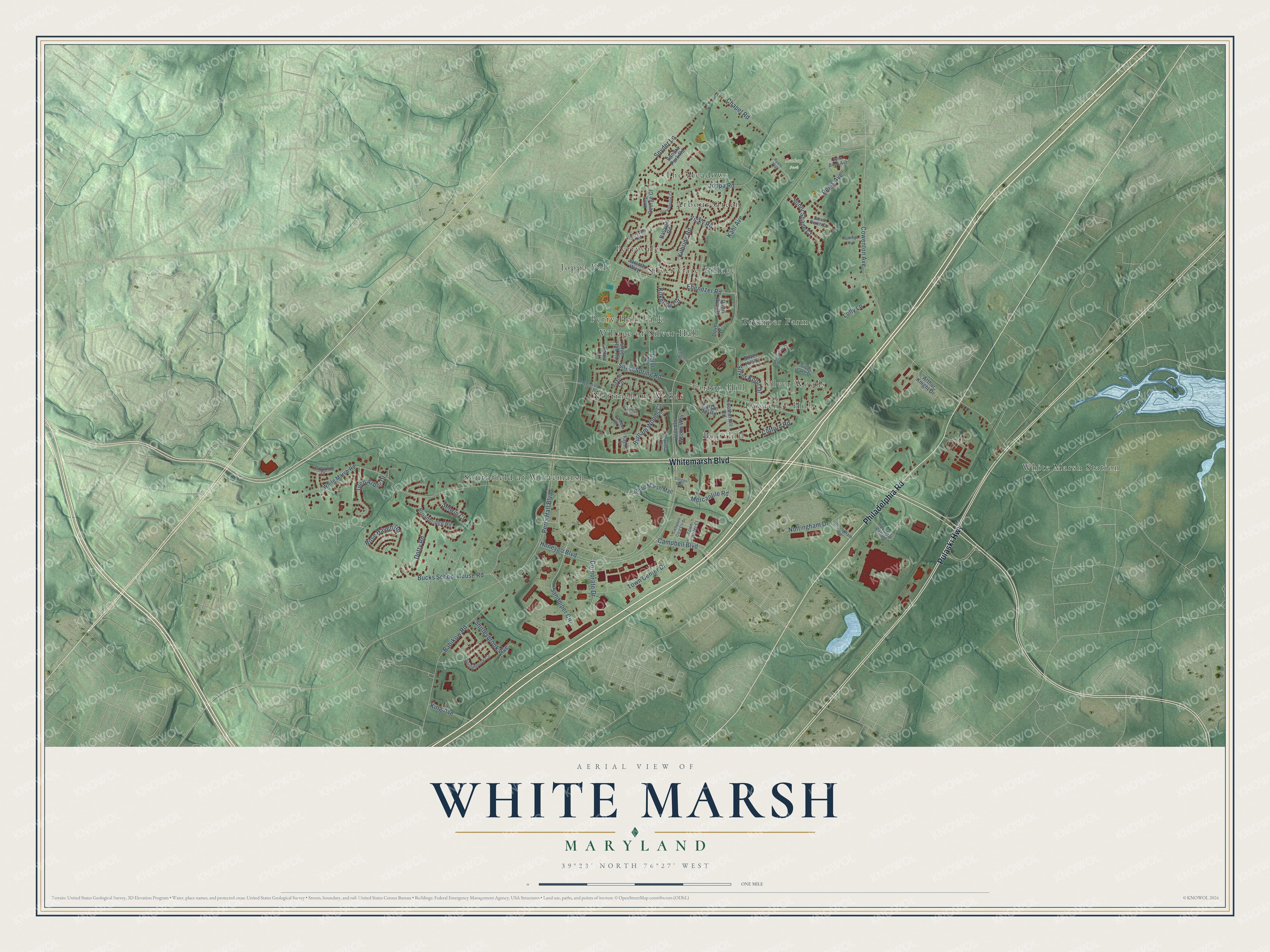 Full map of White Marsh, Maryland, with red buildings, printed street names and the land around them