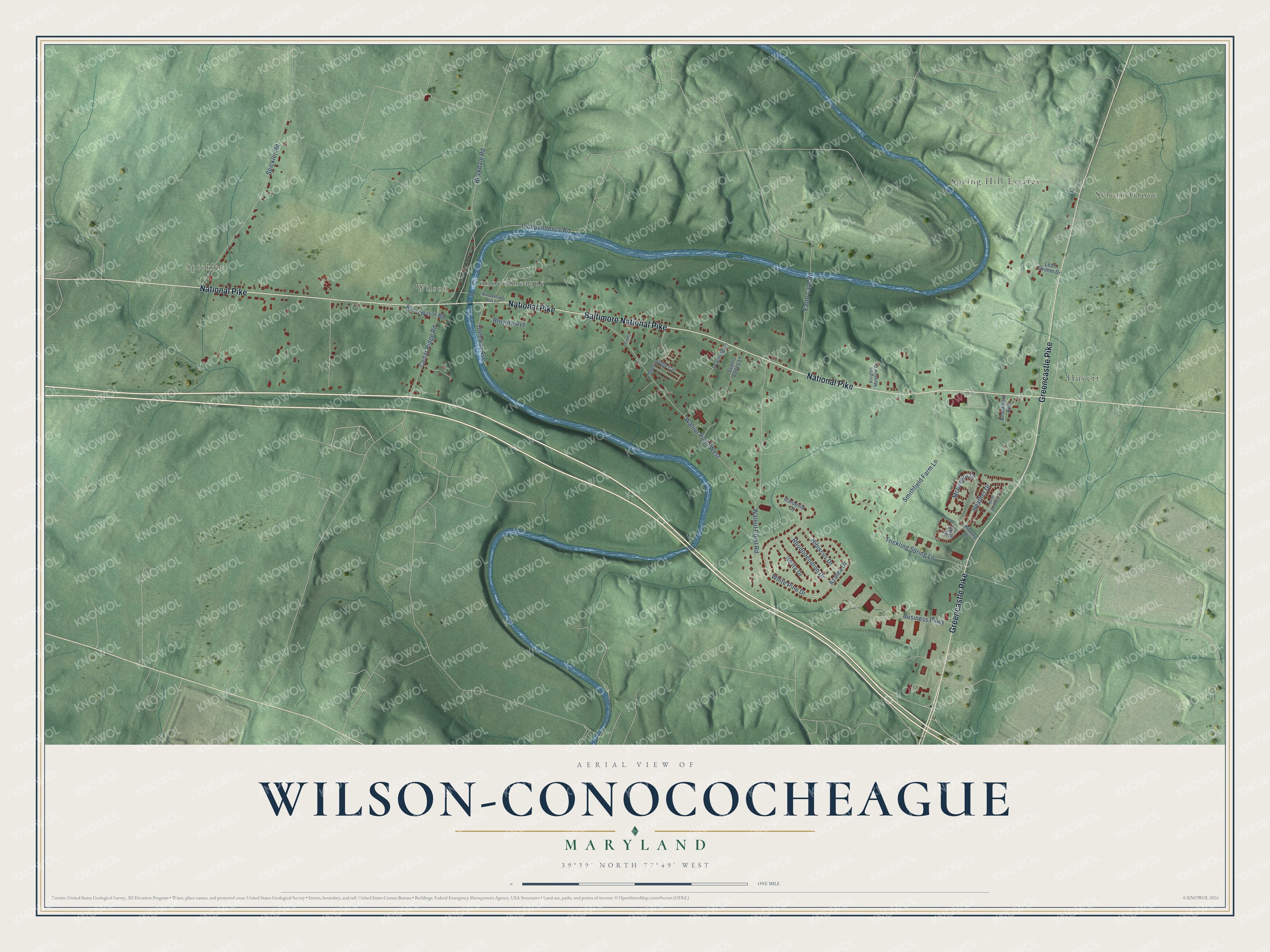 Full map of Wilson-Conococheague, Maryland, with red buildings, printed street names and the land around them