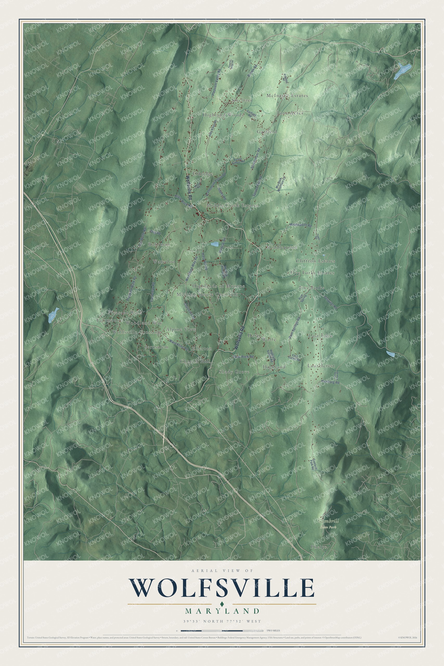 Full map of Wolfsville, Maryland, with red buildings, printed street names and the land around them