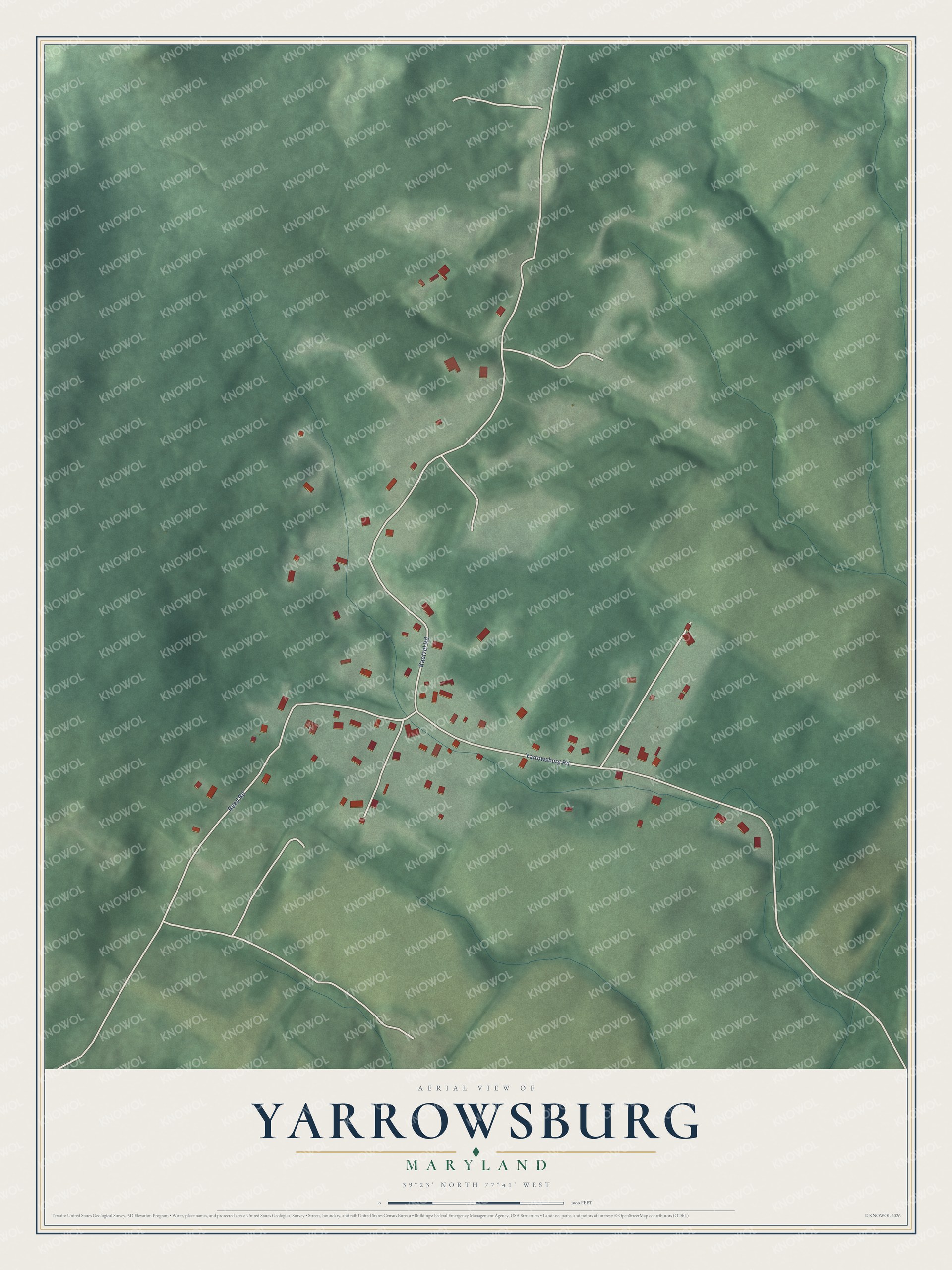 Full map of Yarrowsburg, Maryland, with red buildings, printed street names and the land around them