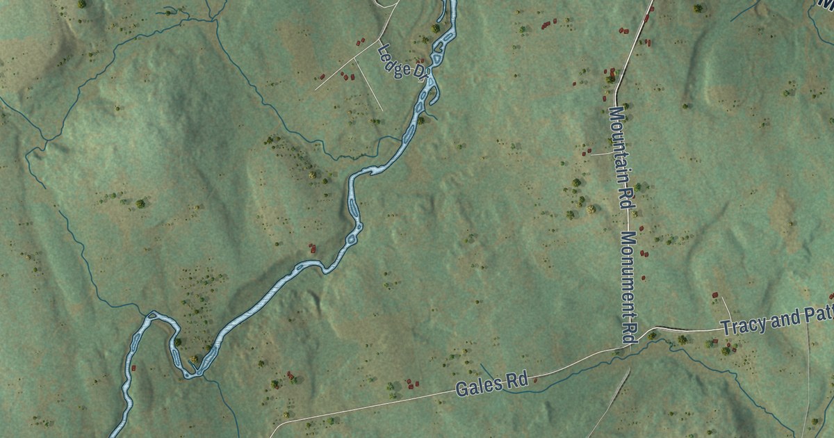 Close-up of streets and buildings in Abbot, Maine