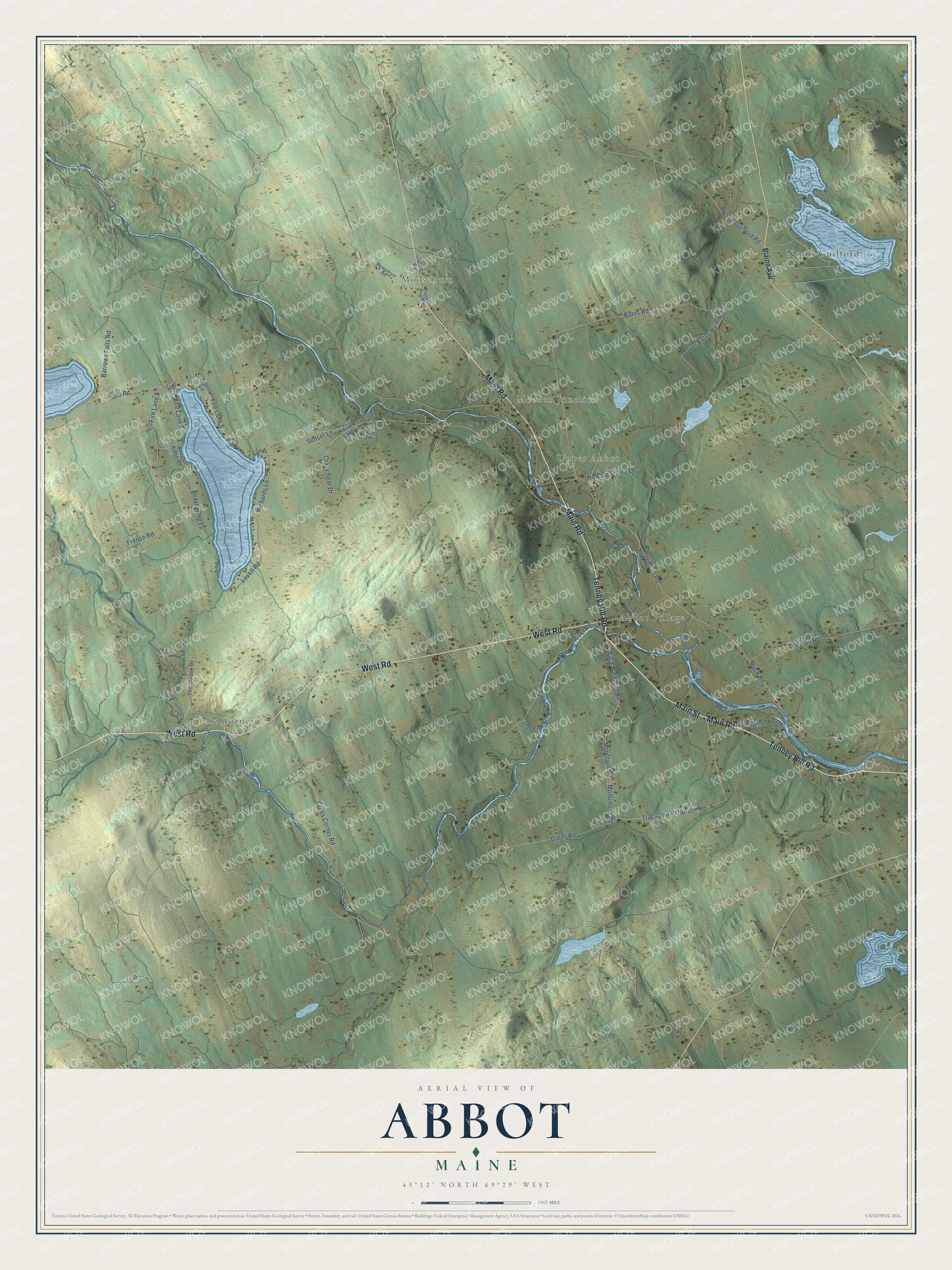 Map of Abbot, Maine, with the Piscataquis River, Upper Abbot and Monson Junction