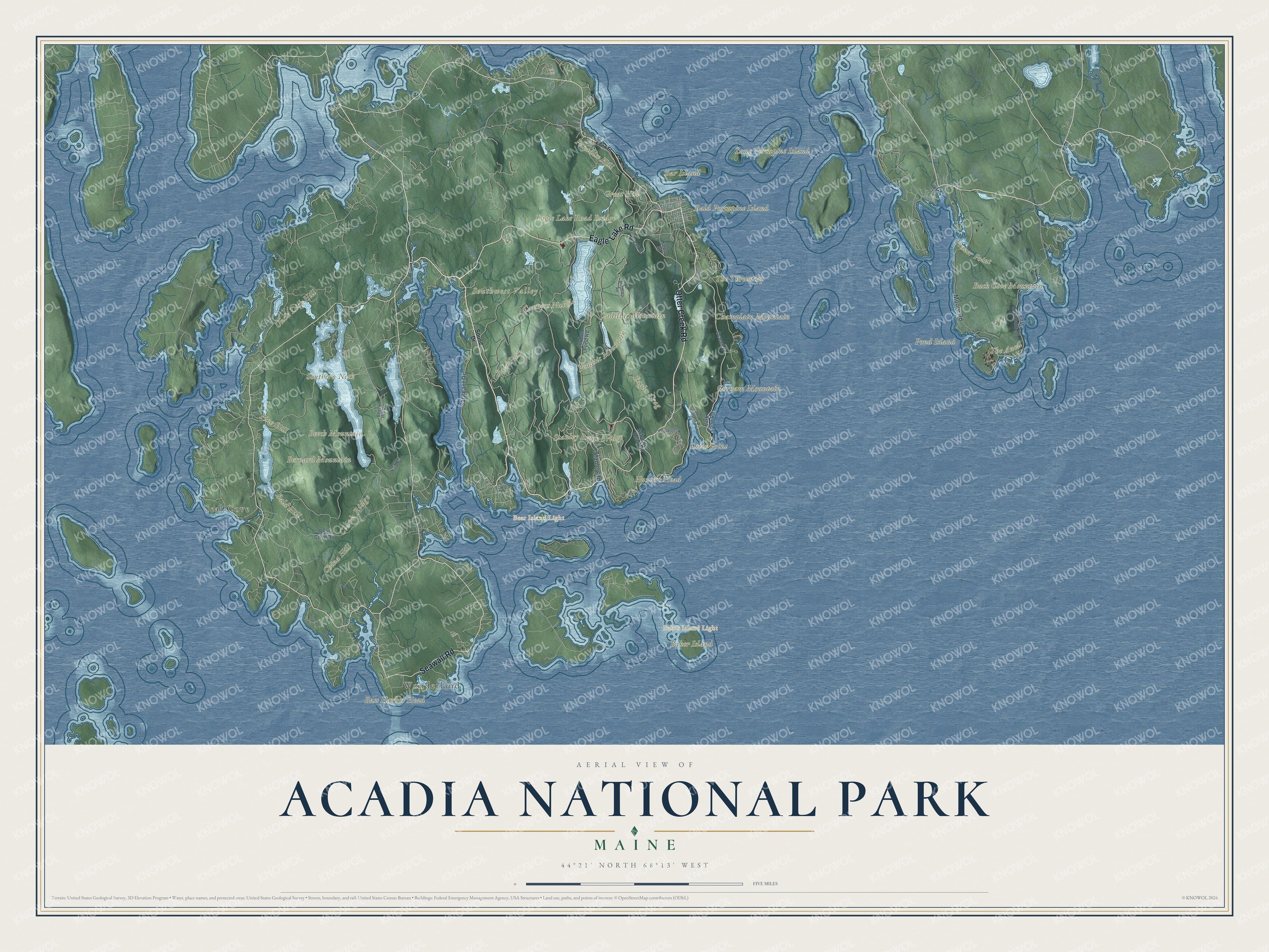 Full map of Acadia National Park, with shaded relief across Mount Desert Island, its mountains and the islands offshore