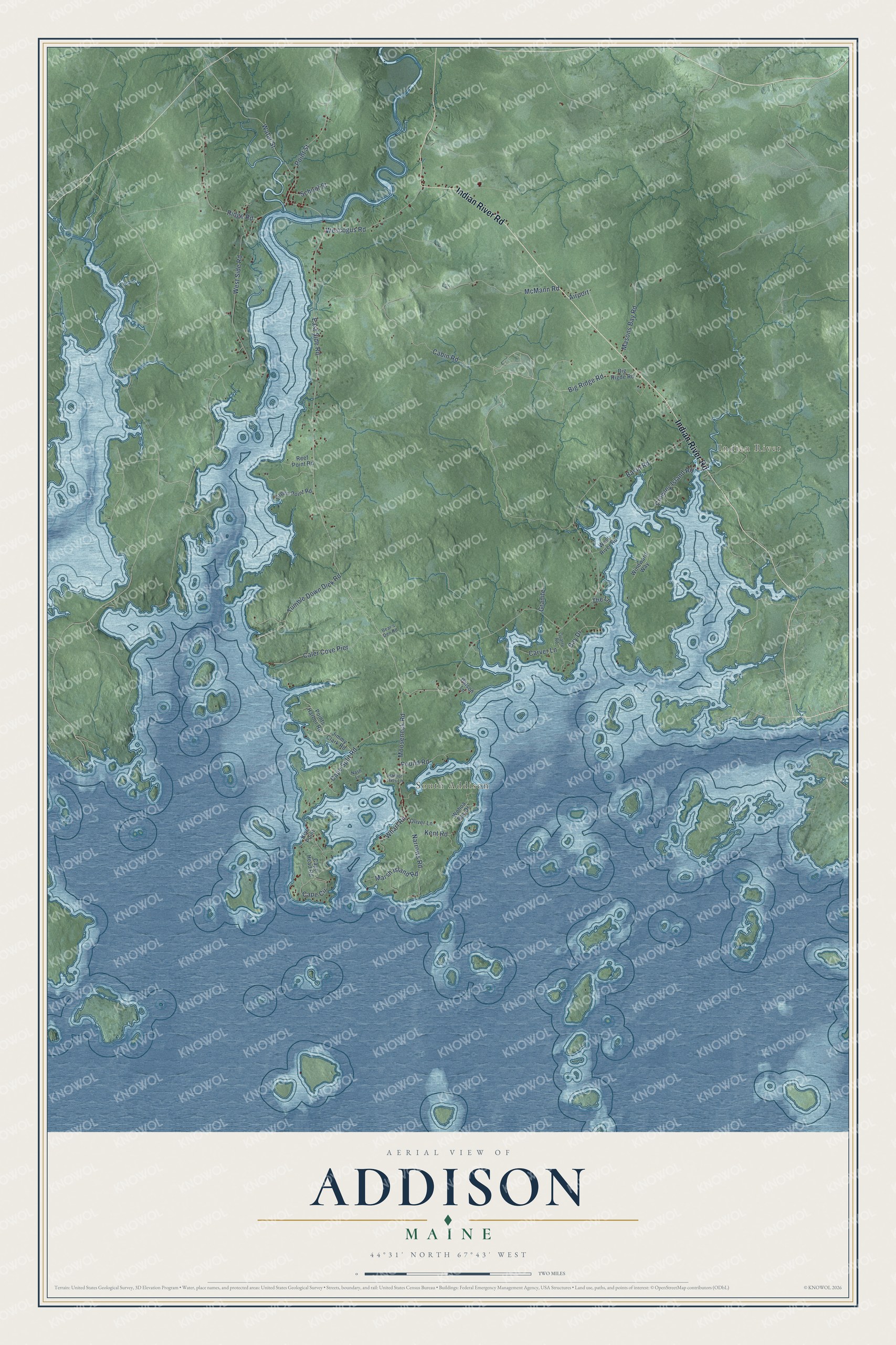 Map of Addison, Maine, with Indian River, South Addison and the West River