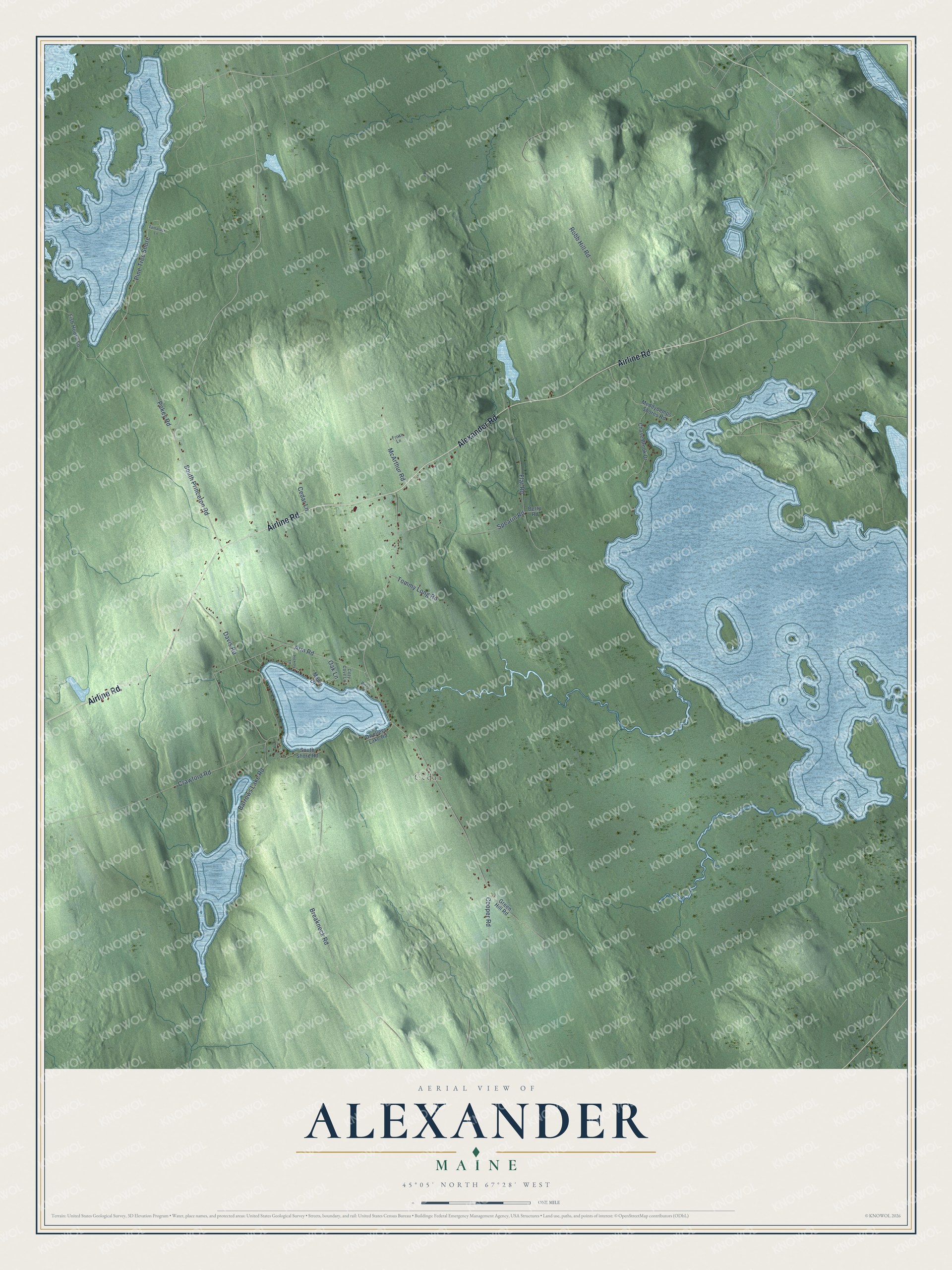 Map of Alexander, Maine, with Meddybemps Lake, Cedar and South Princeton Road