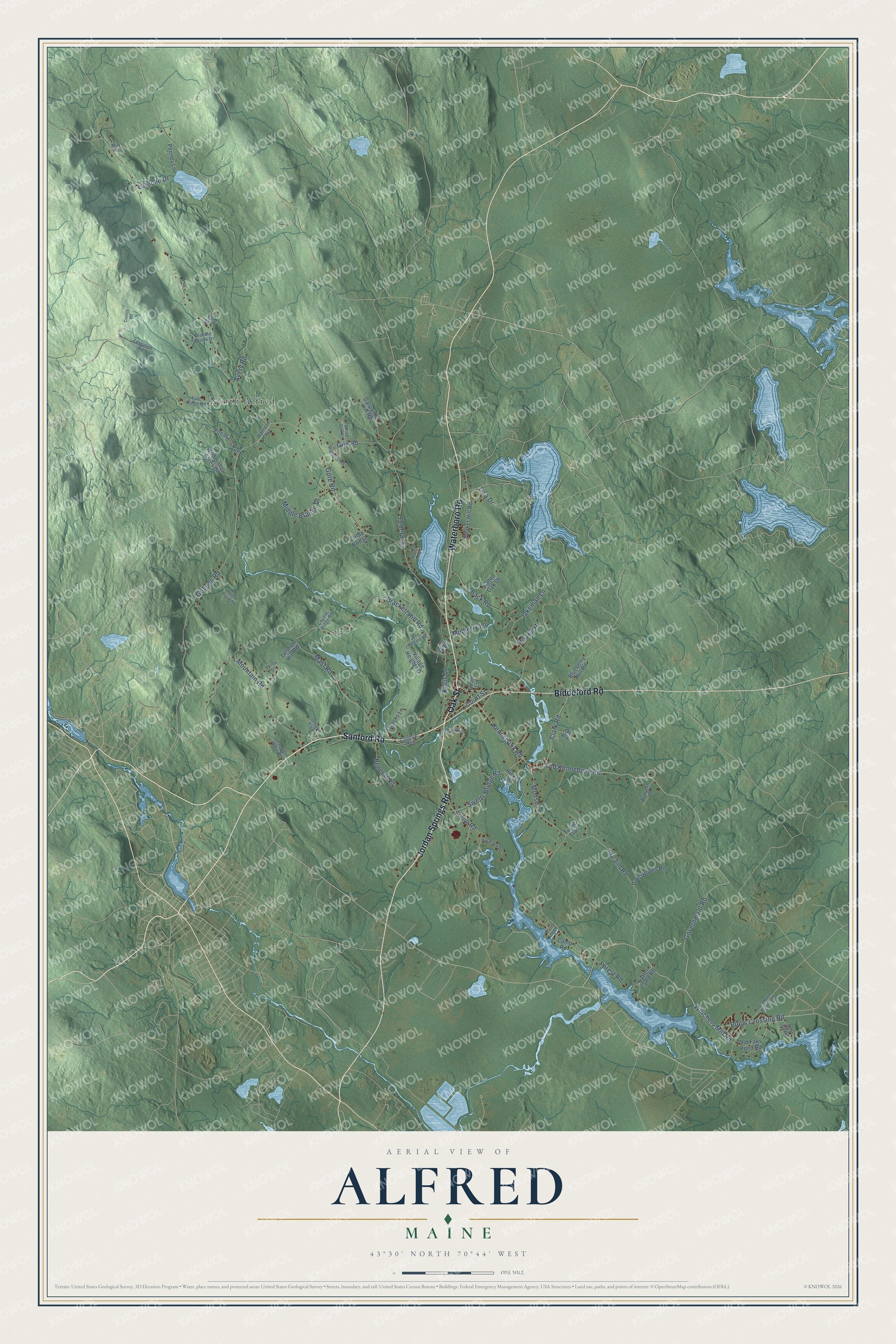 Map of Alfred, Maine, with Oak Street, North Alfred and Estes Lake