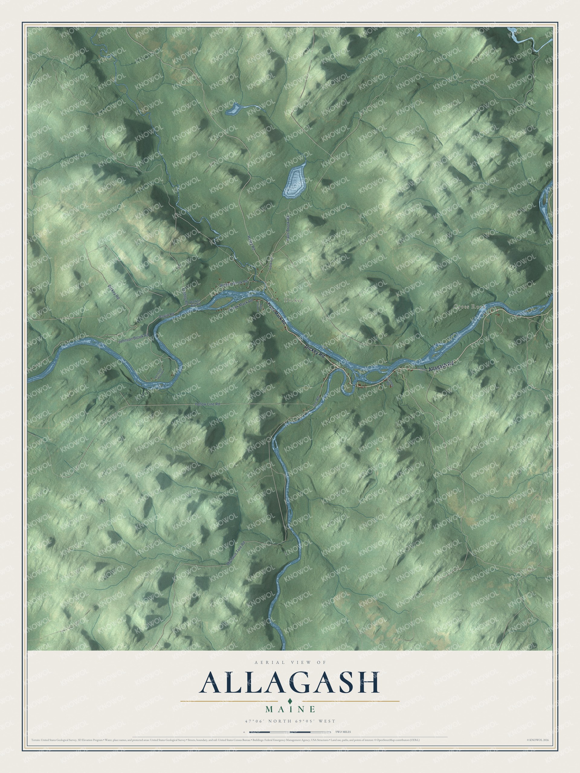 Map of Allagash, Maine, with the Saint John River, Cross Rock and Dickey