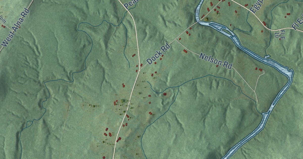 Close-up of streets and buildings in Alna, Maine