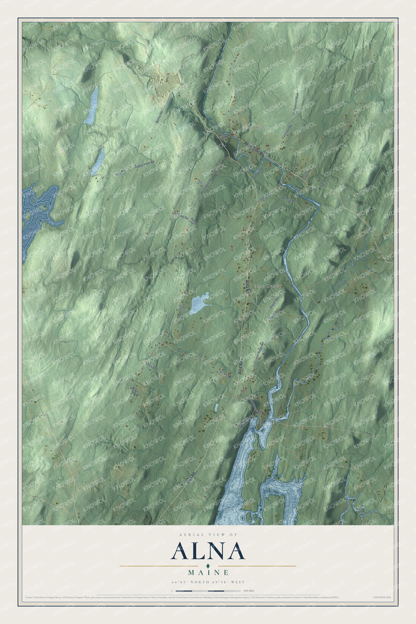 Map of Alna, Maine, with the Sheepscot River, Head Tide and Alna Center