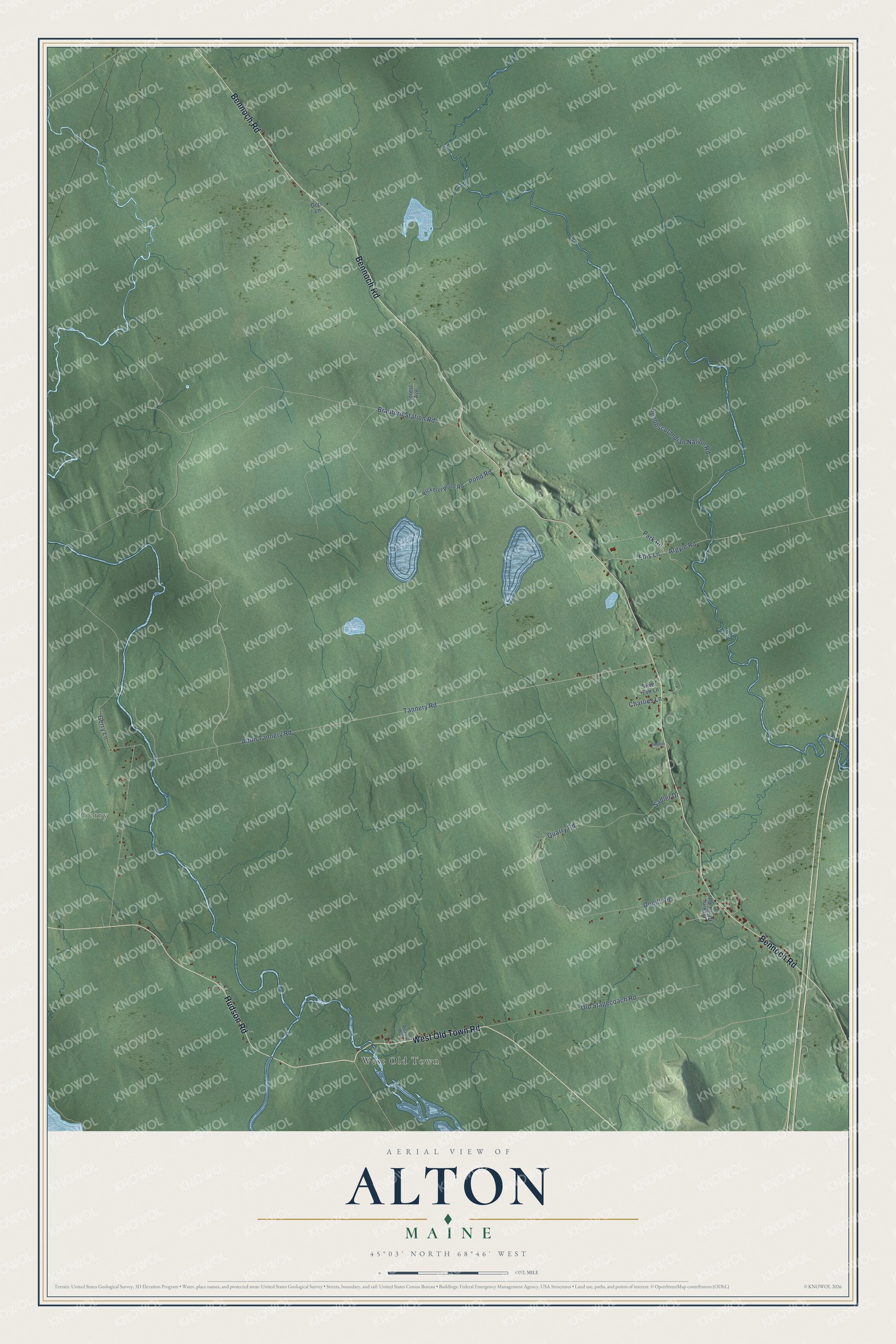 Map of Alton, Maine, with Gerry, West Old Town and Pickerel Pond