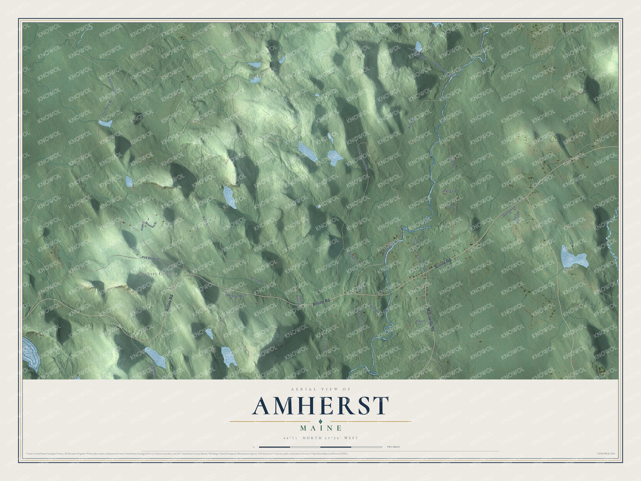 Map of Amherst, Maine, with Debec Pond, Partridge Pond and Archers Corners