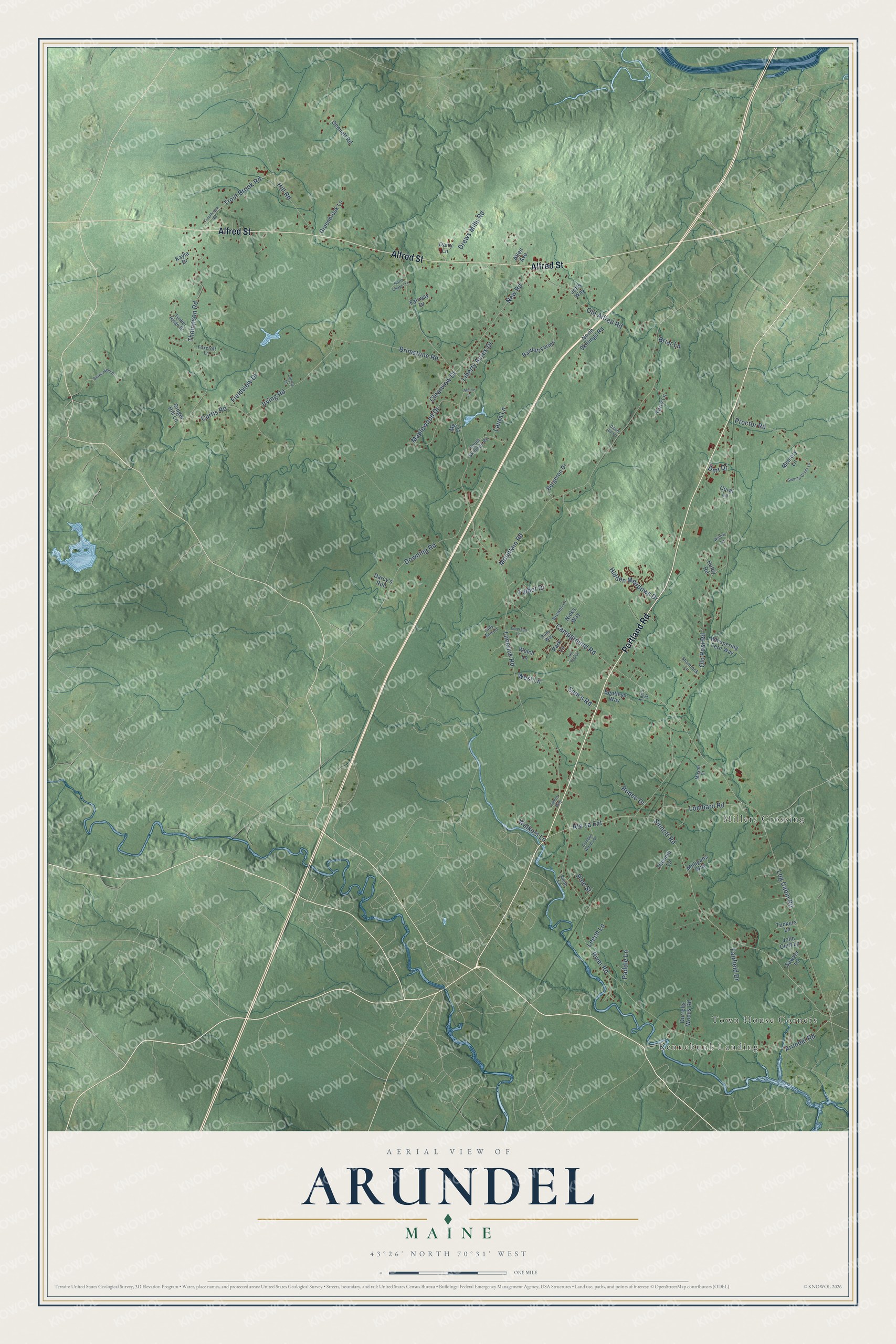 Map of Arundel, Maine, with Portland Road, Limerick Road, Millers Crossing and Brimstone Pond