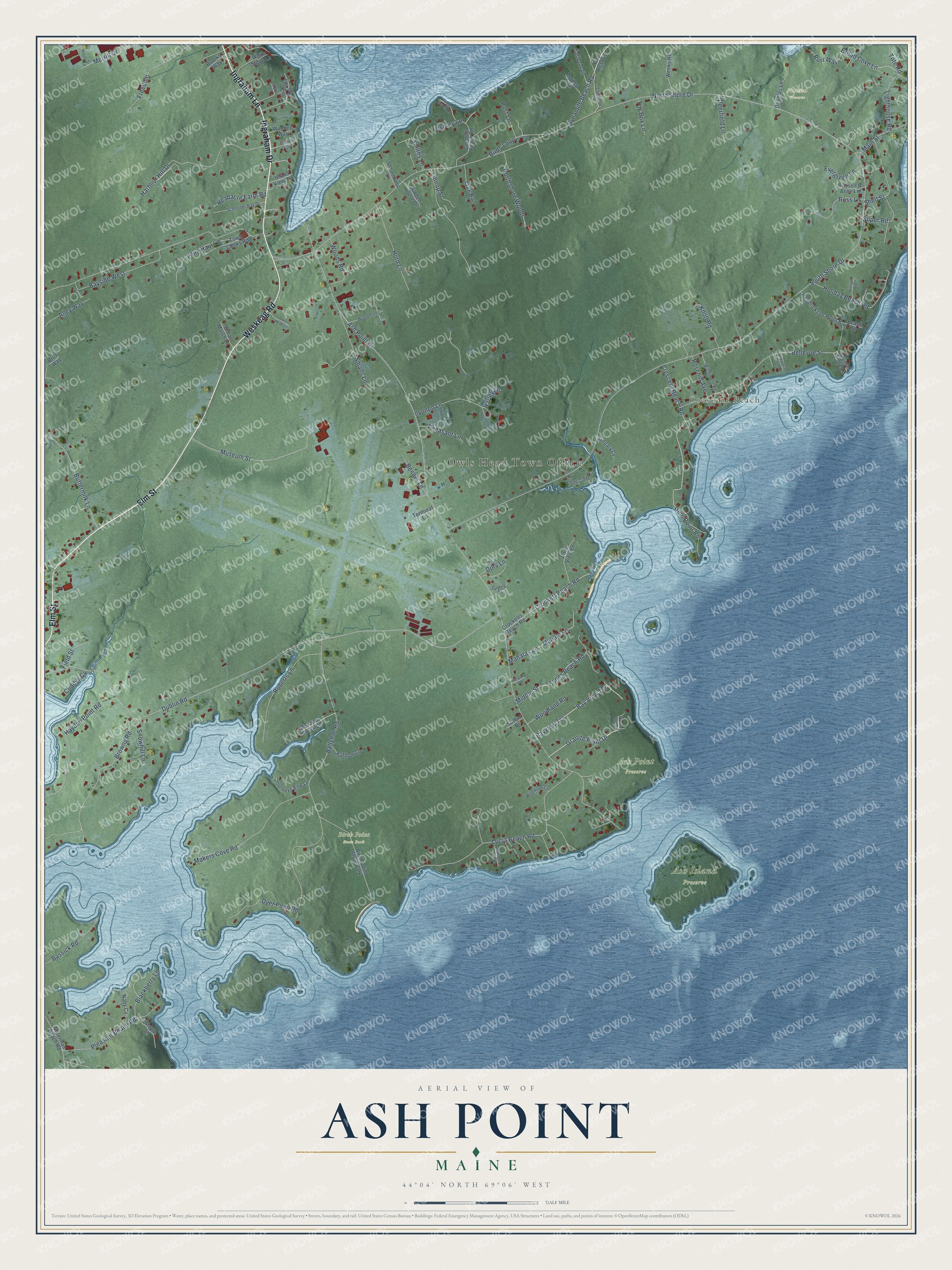 Full map of Ash Point, Maine, with red buildings, printed street names and the land around them