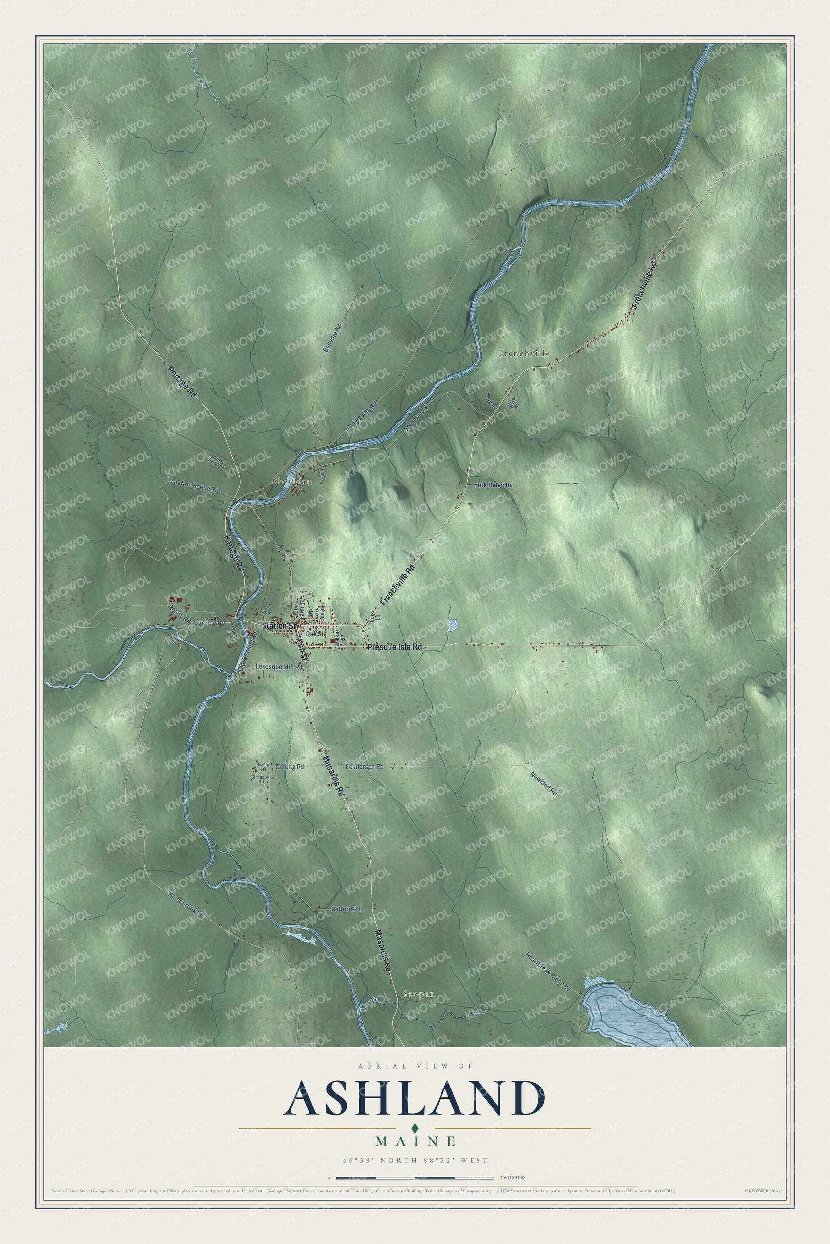 Map of Ashland, Maine, with the Aroostook River, Main Street and Station Street