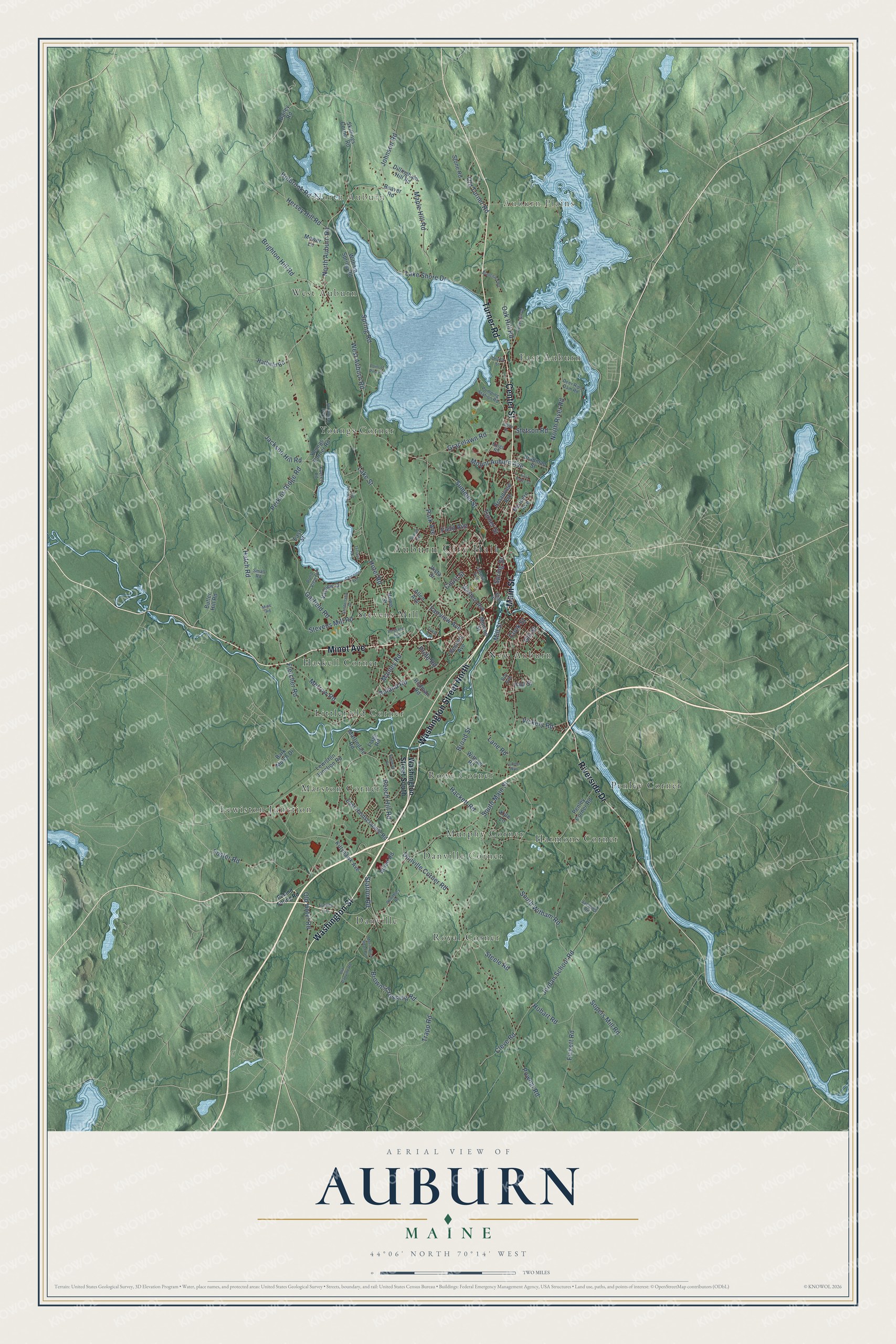Map of Auburn, Maine, with Main Street, Minot Avenue and North Auburn