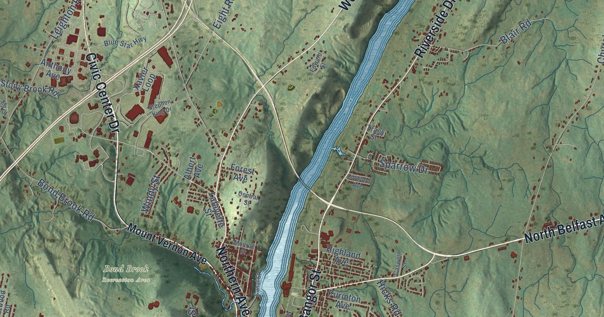 Close-up of streets and buildings in Augusta, Maine