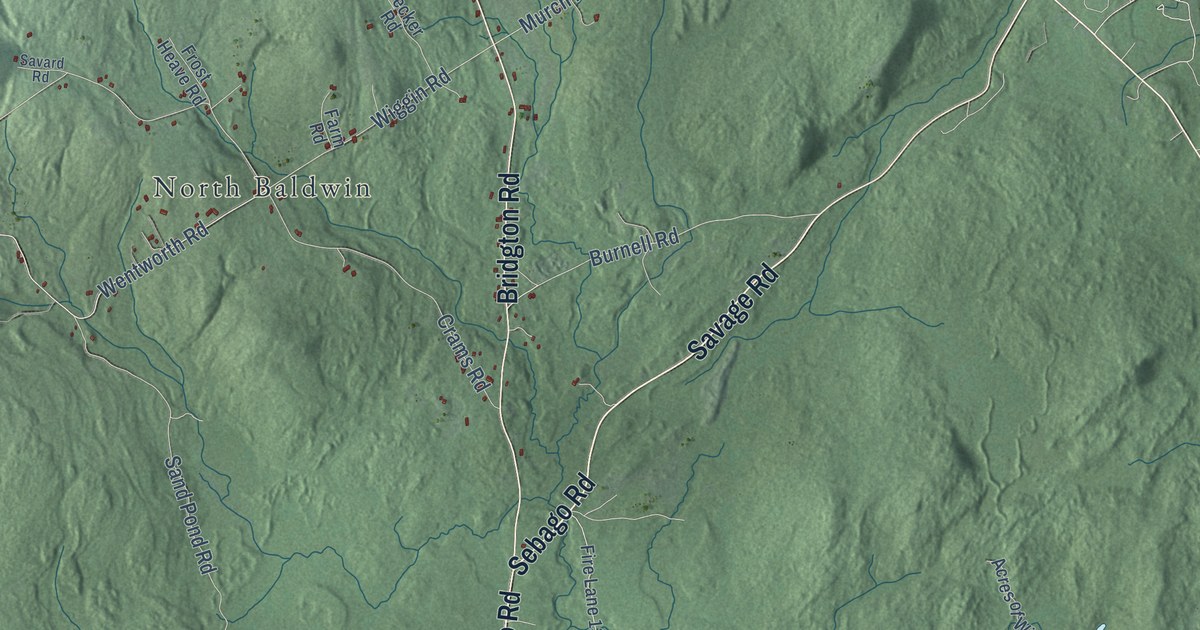 Close-up of streets and buildings in Baldwin, Maine