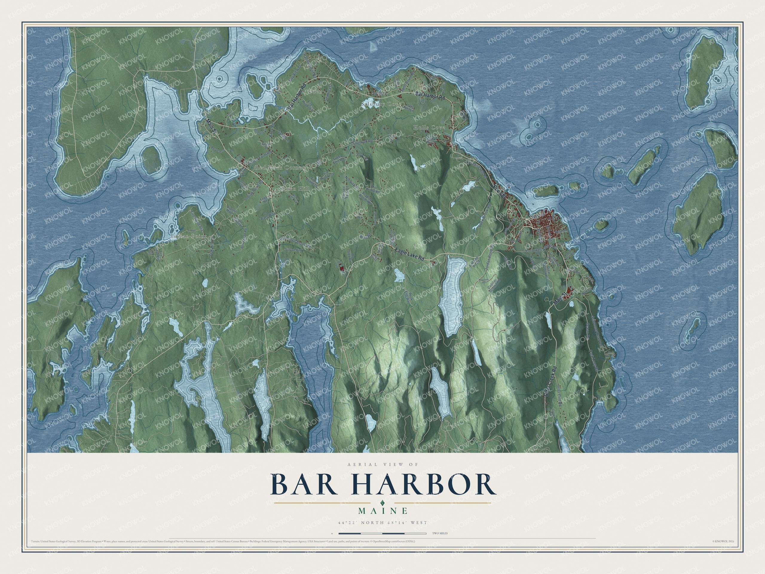 Map of Bar Harbor, Maine, with the Park Loop Road, Eagle Lake and Hulls Cove