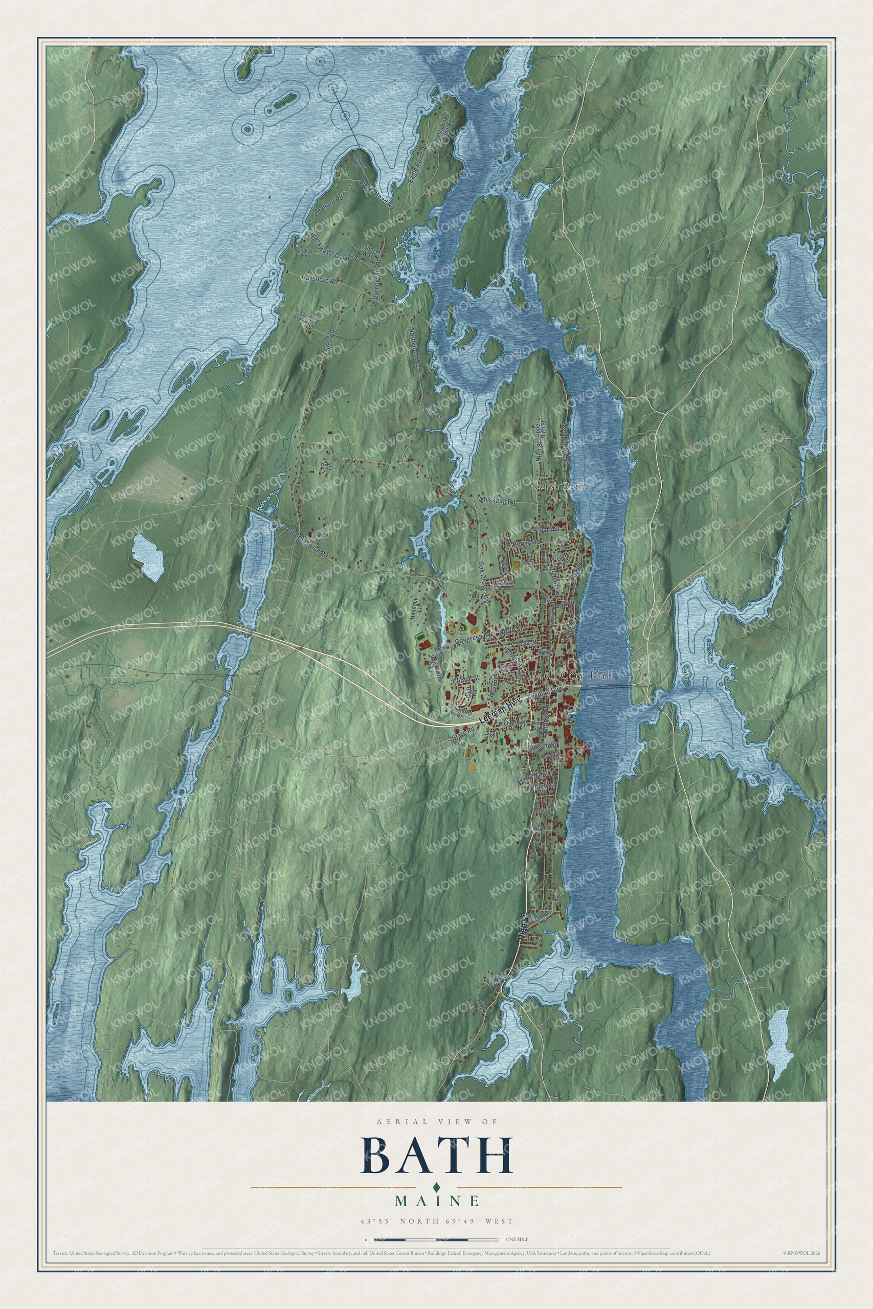 Map of Bath, Maine, with Washington Street, High Street and the Kennebec River