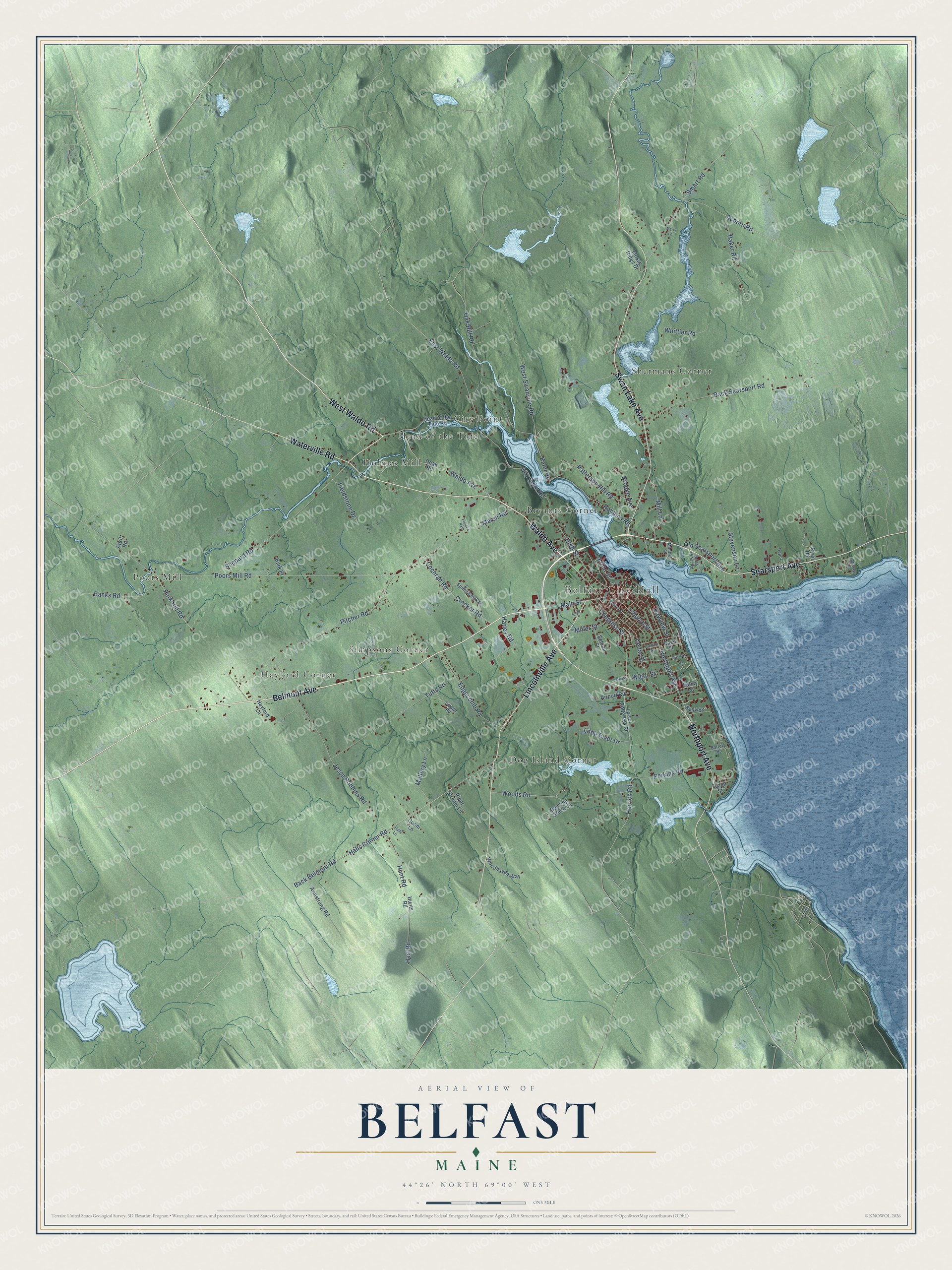 Map of Belfast, Maine, with Searsport Avenue, City Point and Upper Mason Pond