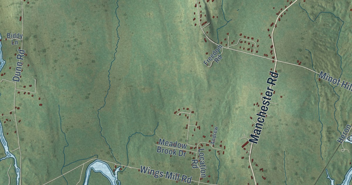 Close-up of streets and buildings in Belgrade, Maine