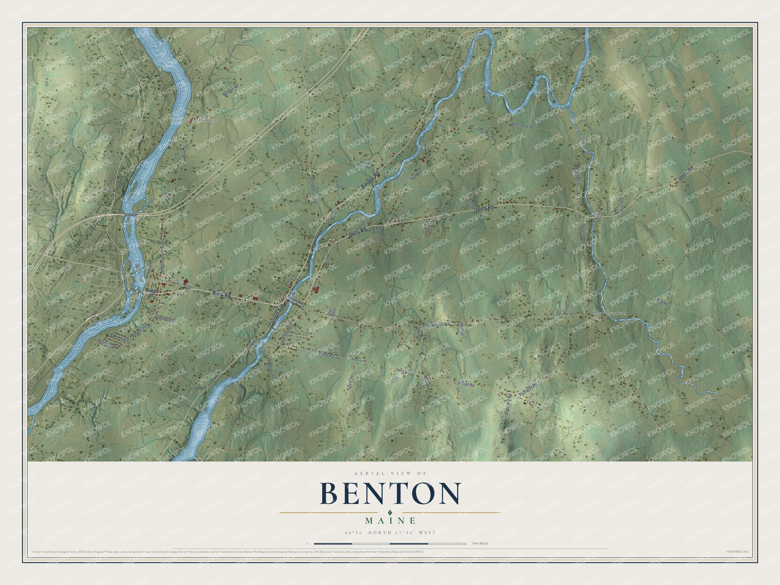 Map of Benton, Maine, with the Sebasticook River, Benton Falls and Unity Road