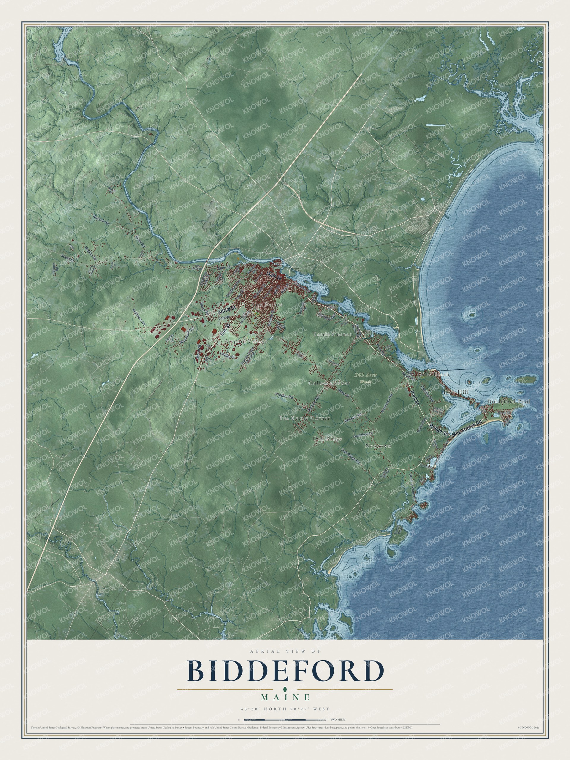 Map of Biddeford, Maine, with Biddeford Pool, Main Street and Hills Beach
