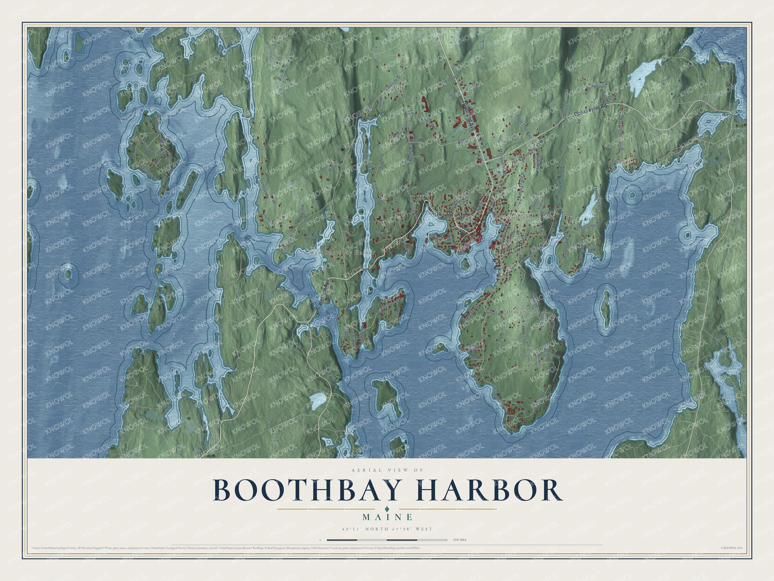 Map of Boothbay Harbor, Maine, with Townsend Avenue, Mount Pisgah and Appalachie Pond