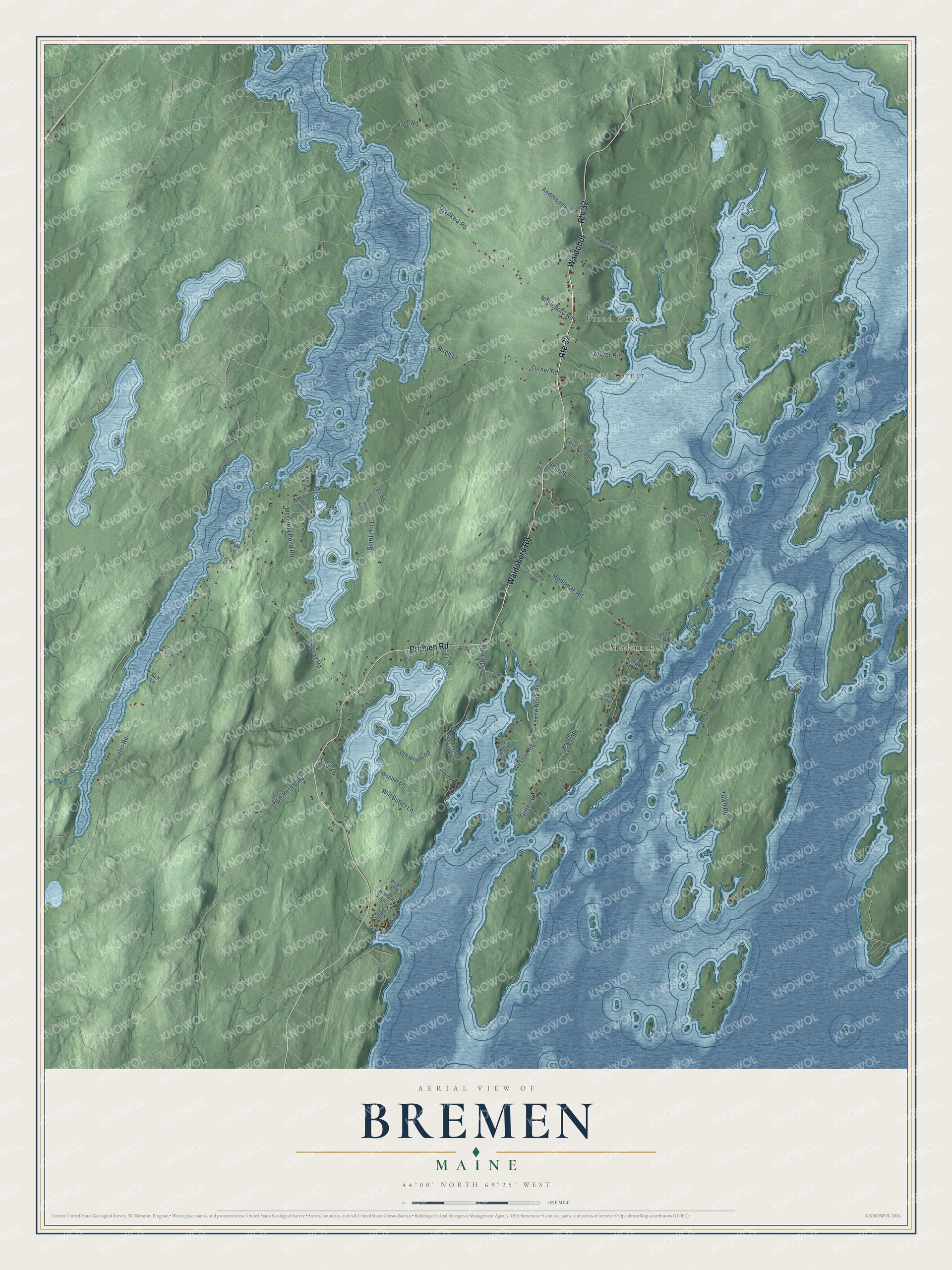 Map of Bremen, Maine, with Keene Neck Road, Broad Cove and Muscongus
