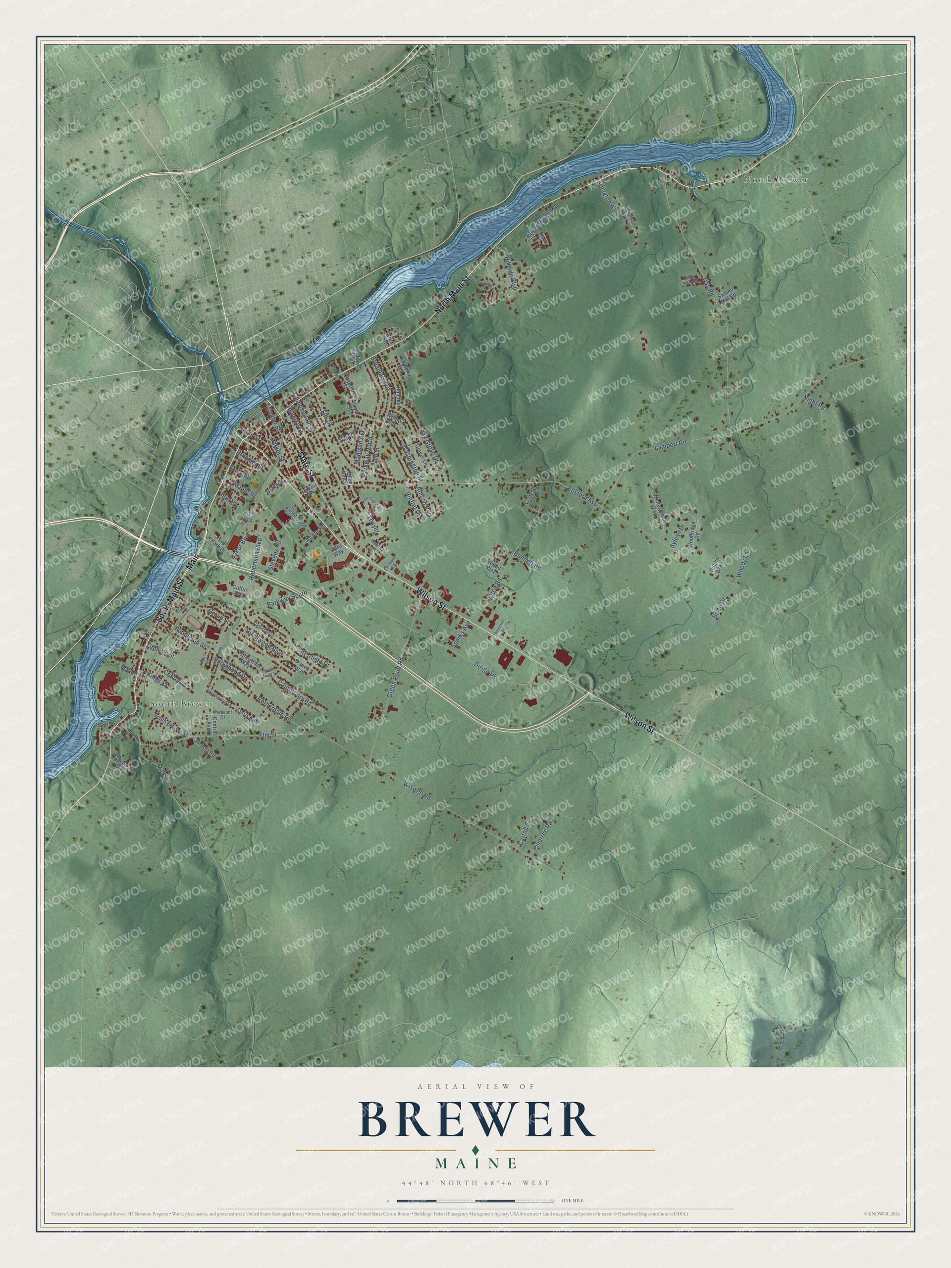 Map of Brewer, Maine, on the Penobscot River across from Bangor