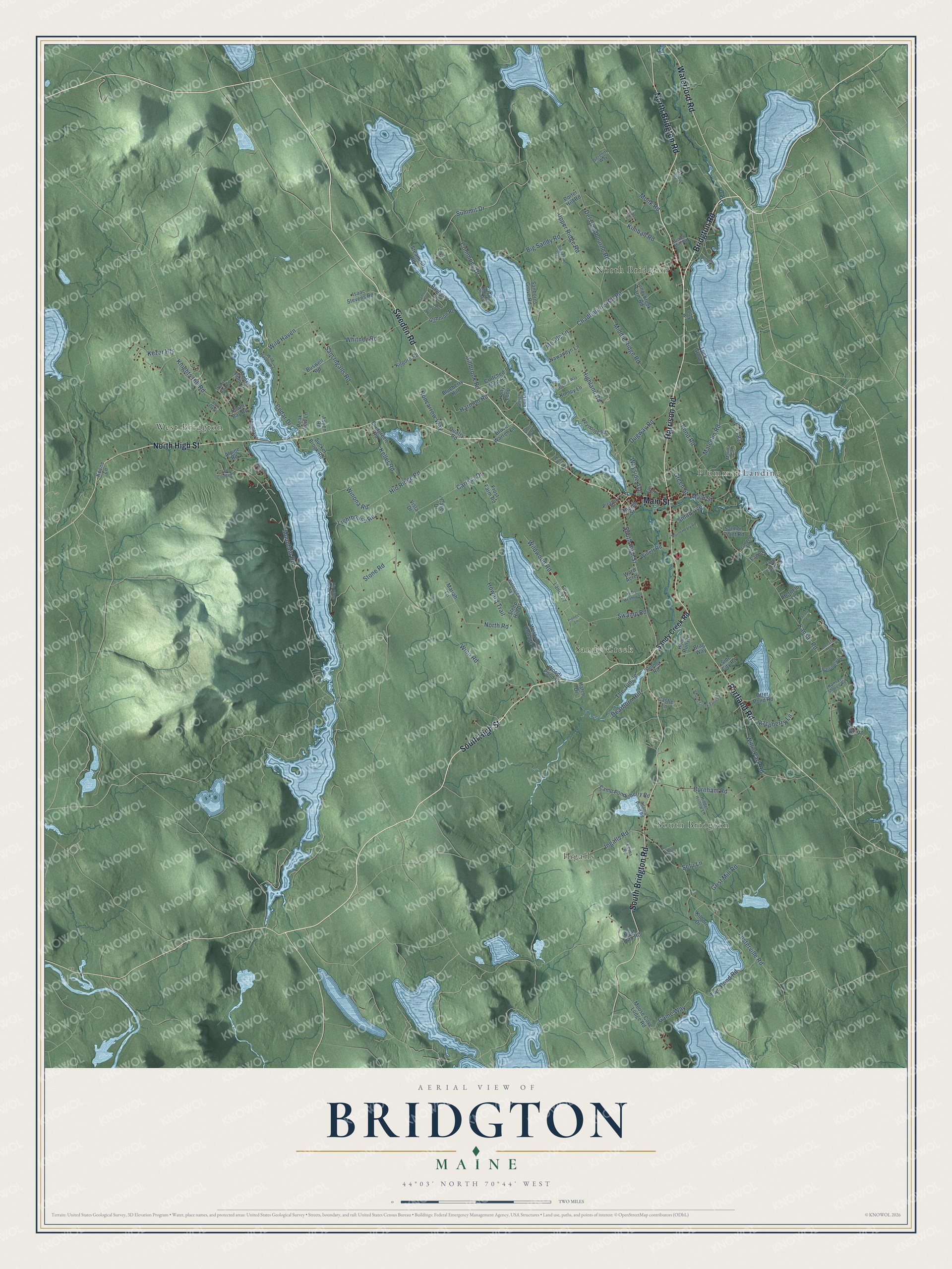 Map of Bridgton, Maine, with Highland Lake, South High Street and North Bridgton