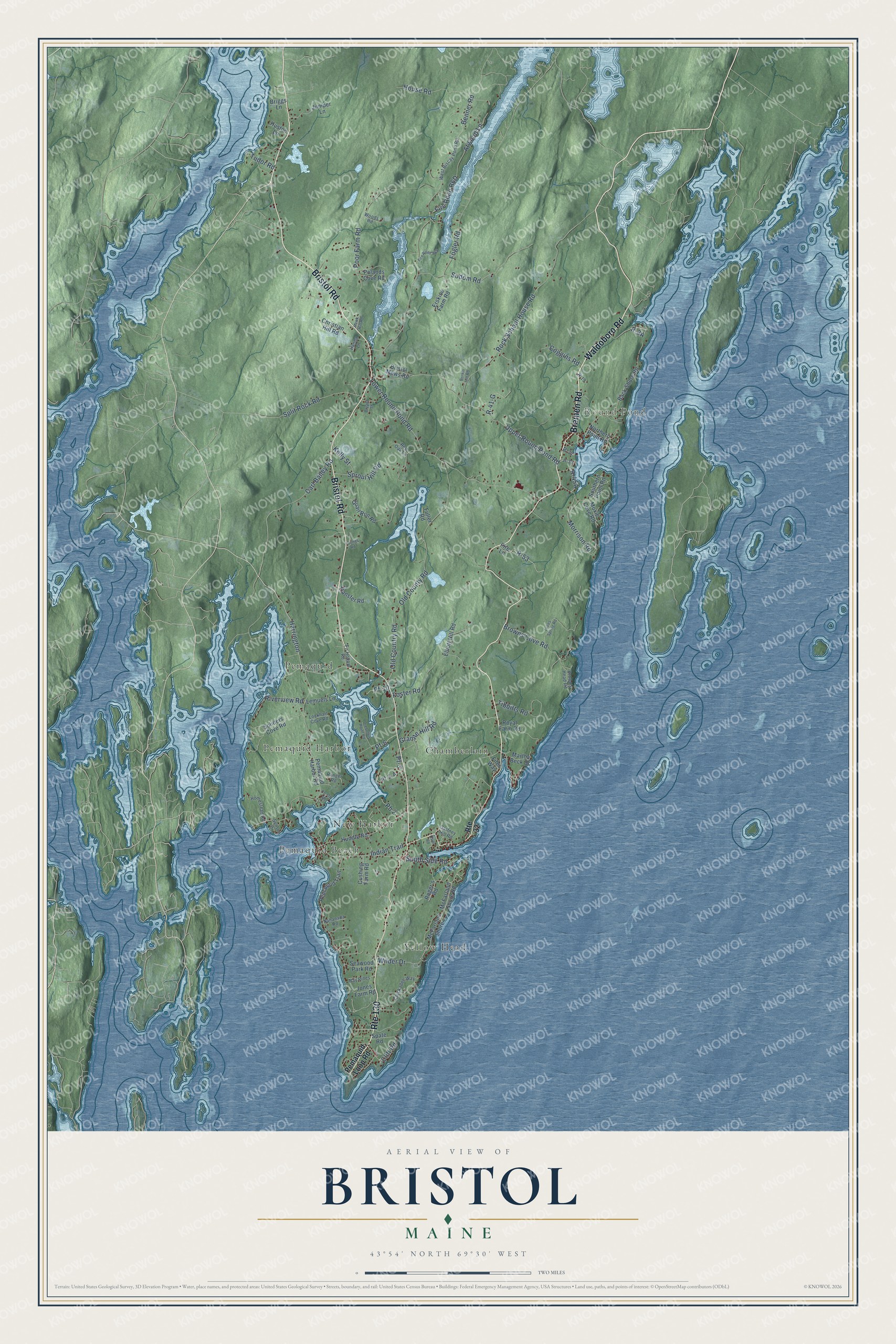 Map of Bristol, Maine, on the Pemaquid Peninsula, with New Harbor and Round Pond