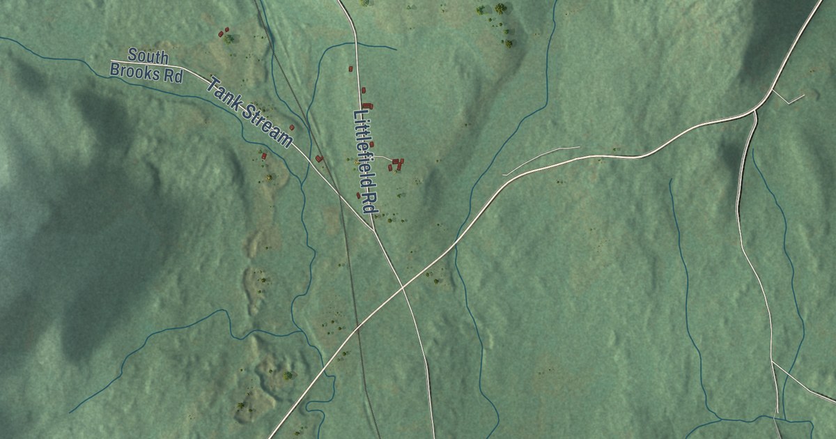 Close-up of streets and buildings in Brooks, Maine