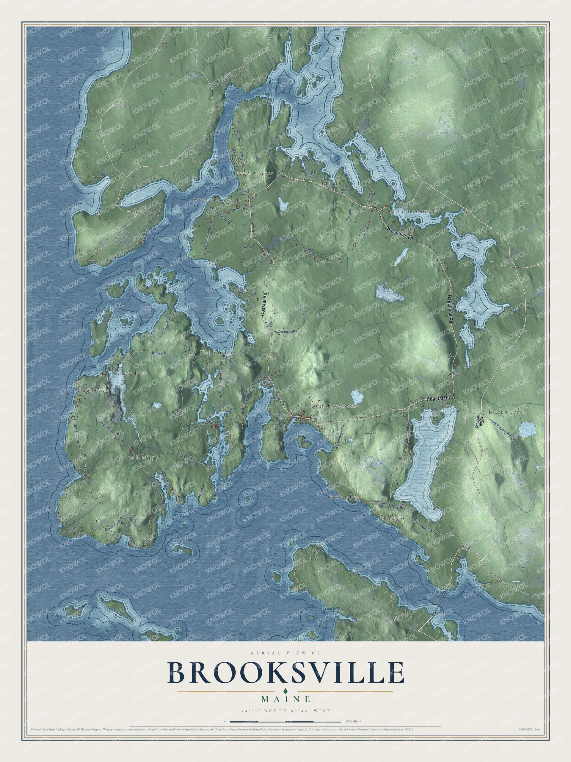 Map of Brooksville, Maine, with Cape Rosier, Harborside and the Bagaduce River