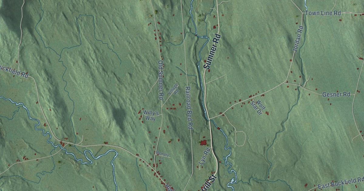 Close-up of streets and buildings in Buckfield, Maine