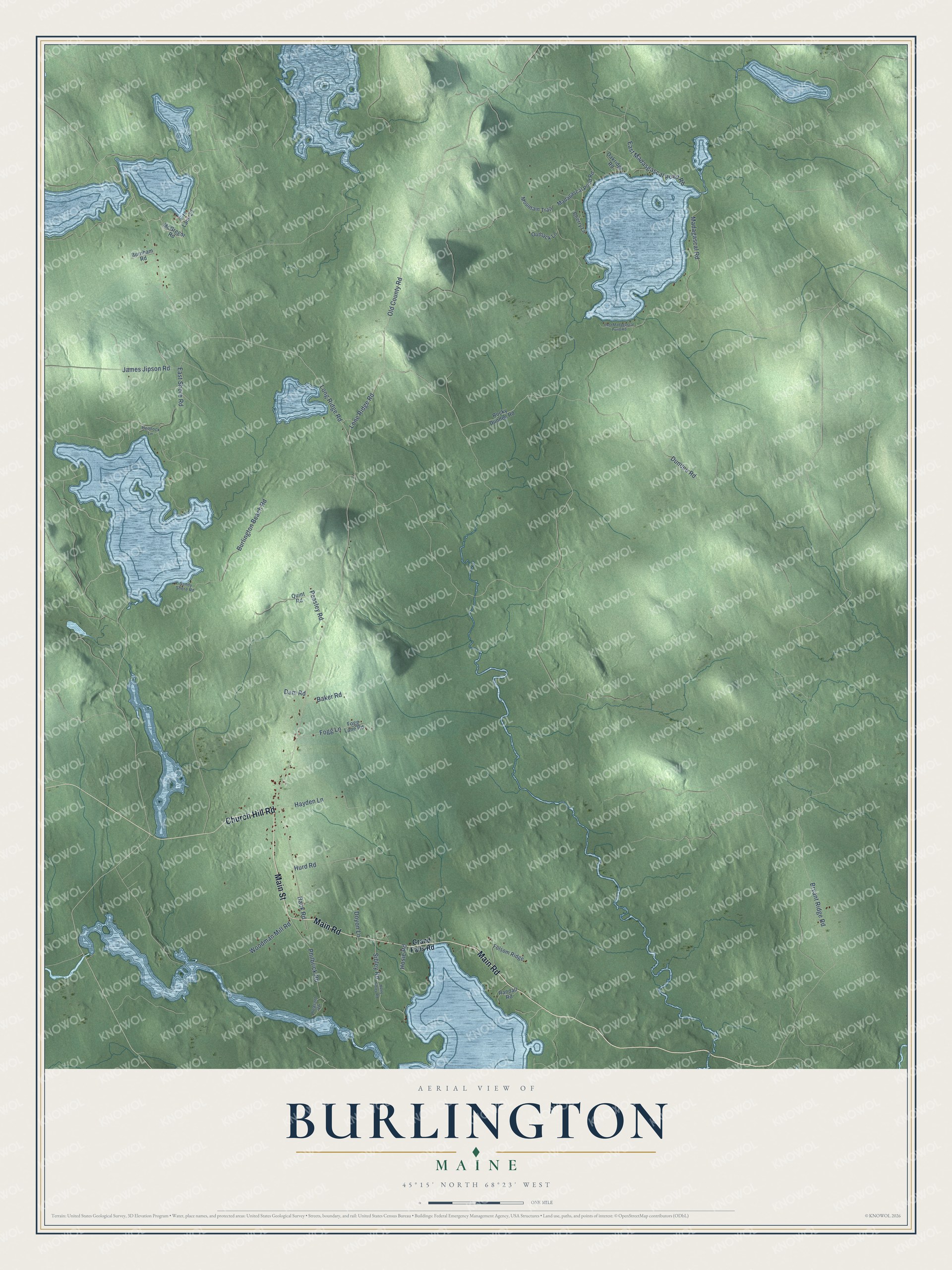 Map of Burlington, Maine, with Long Ridge Road, Main Street and Eskutassis Pond