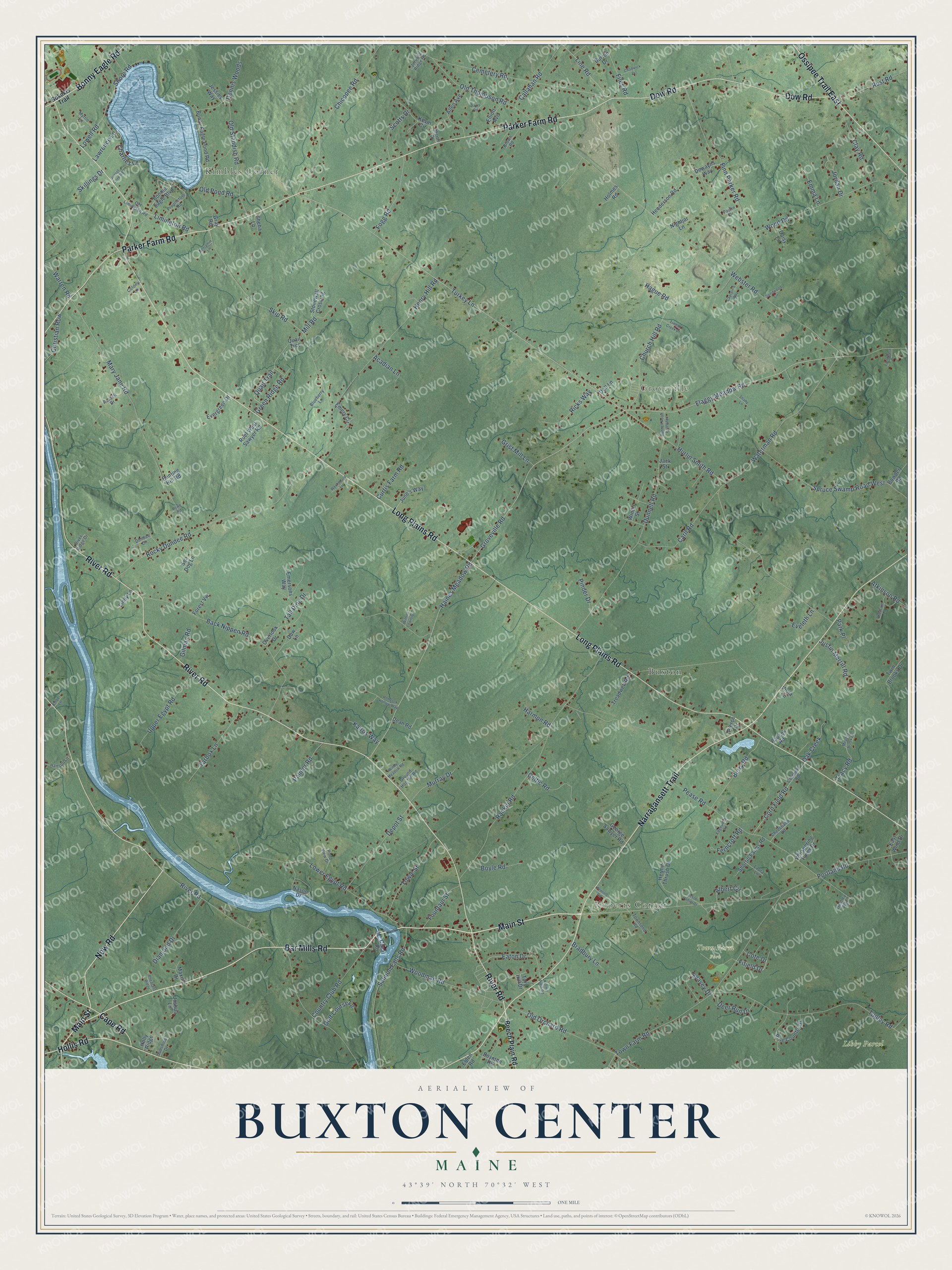 Full map of Buxton Center, Maine, with red buildings, printed street names and the land around them