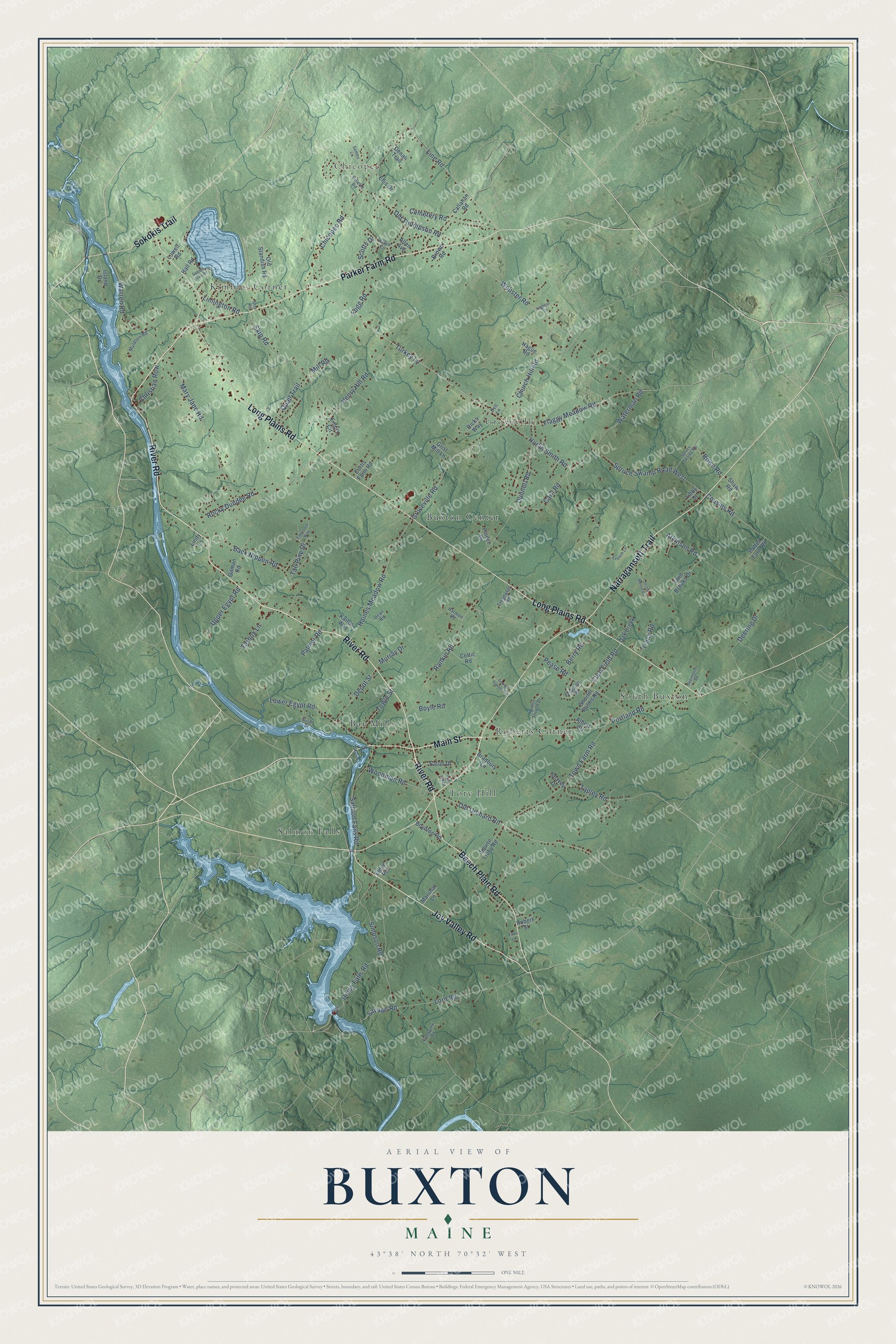 Map of Buxton, Maine, with Long Plains Road, Salmon Falls, Bar Mills and Buxton Center