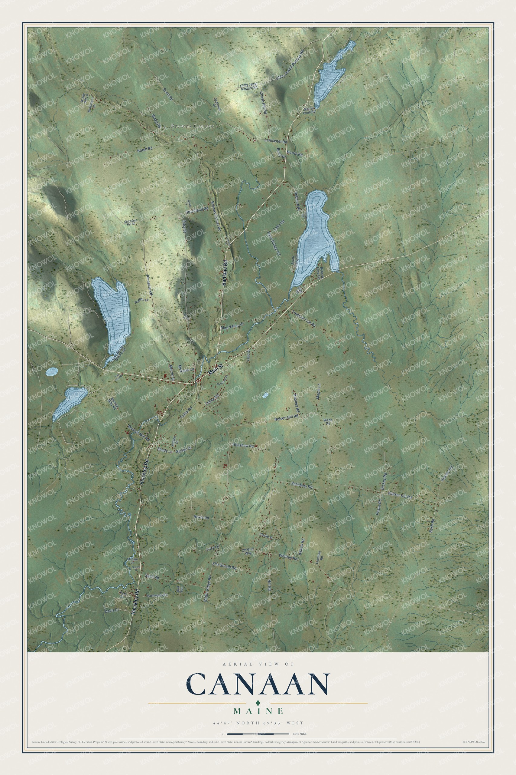 Map of Canaan, Maine, with Lake George, Sibley Pond and Browns Corner